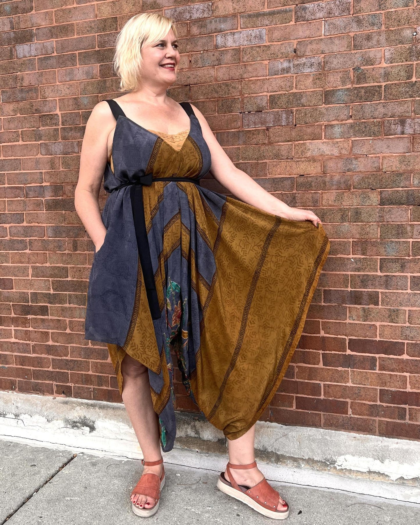 Indie Ella Zatanna Boho Silk Jumpsuit in Slate & Earth