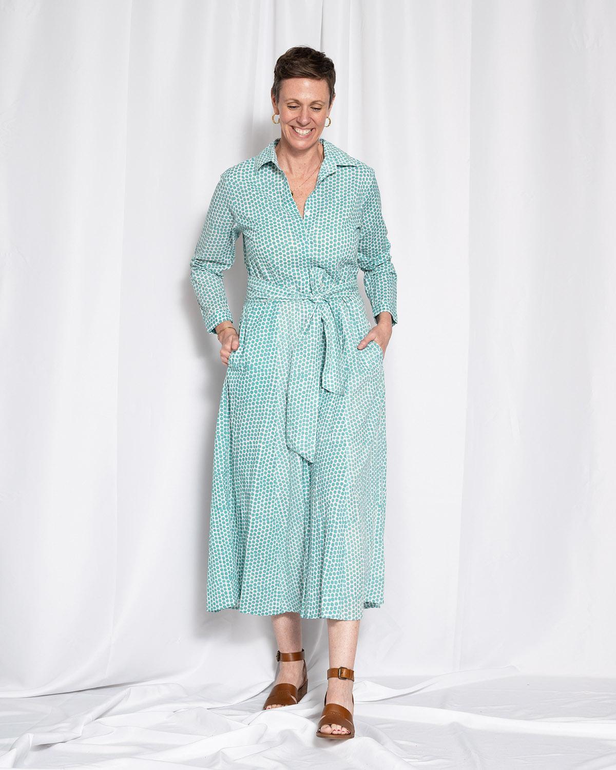 Txtile Elena Button Down Long Sleeve Shirt Dress - Teal Dots