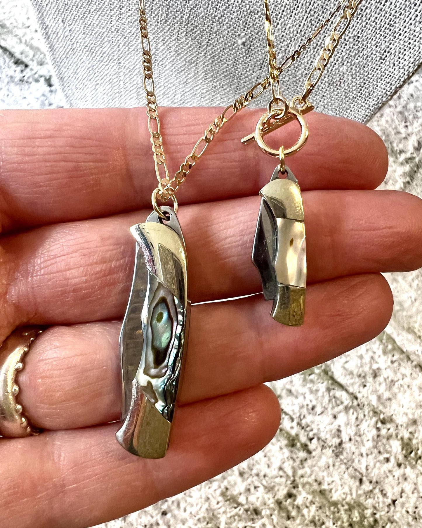 1979 Jewelry Knife Necklace 1.5 inch Multi Colored Abalone - 14kt GF chain