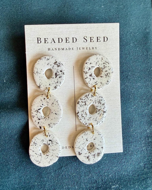 Beaded Seed by Ronea Dangle Stud Earrings in Speckled White