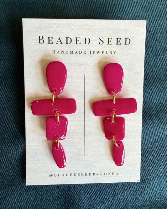 Beaded Seed by Ronea Bright Pink Dangle Stud Earrings