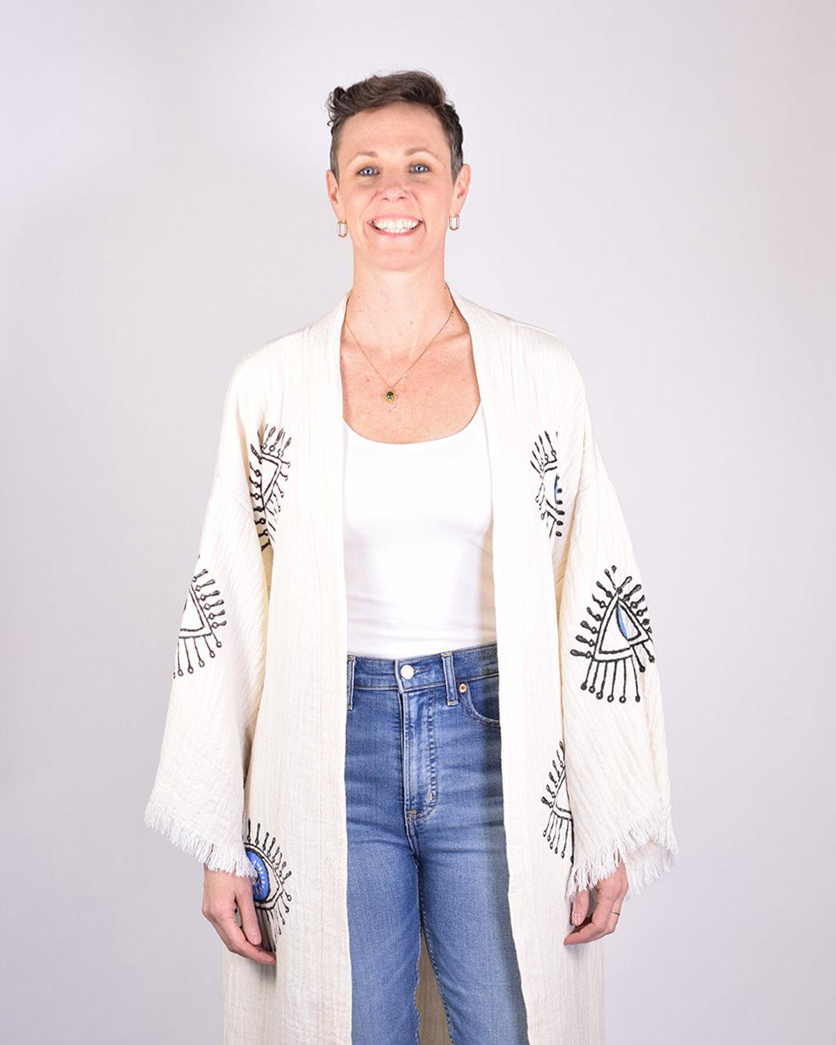 Txtile Luxury Turkish Cotton Evil Eye Kimono/Robe - Cream with Blue Eyes