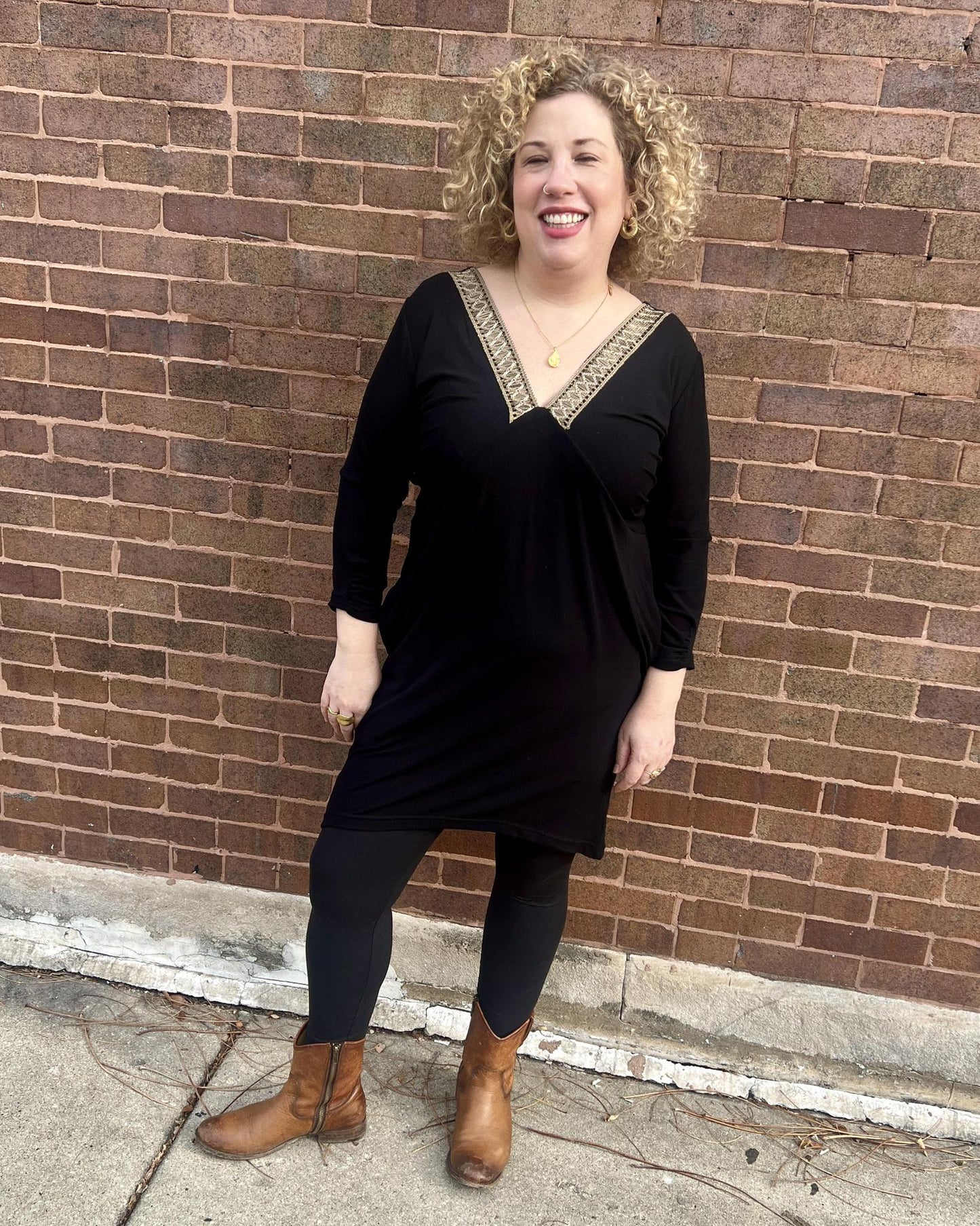 Squasht Drea Draped Dress in Black with Sage & Gold Vintage Trim