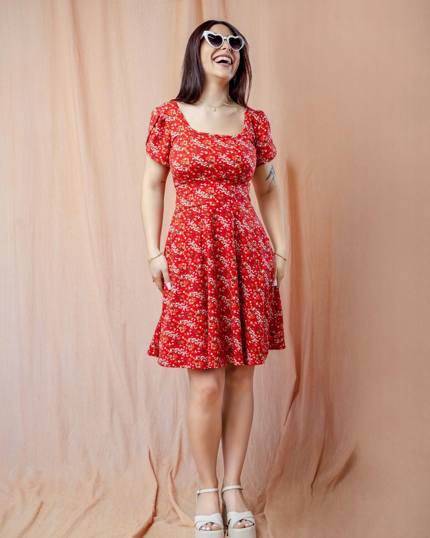 Squasht Petal Sleeve Dress in Scarlet Red Ditsy Floral Print