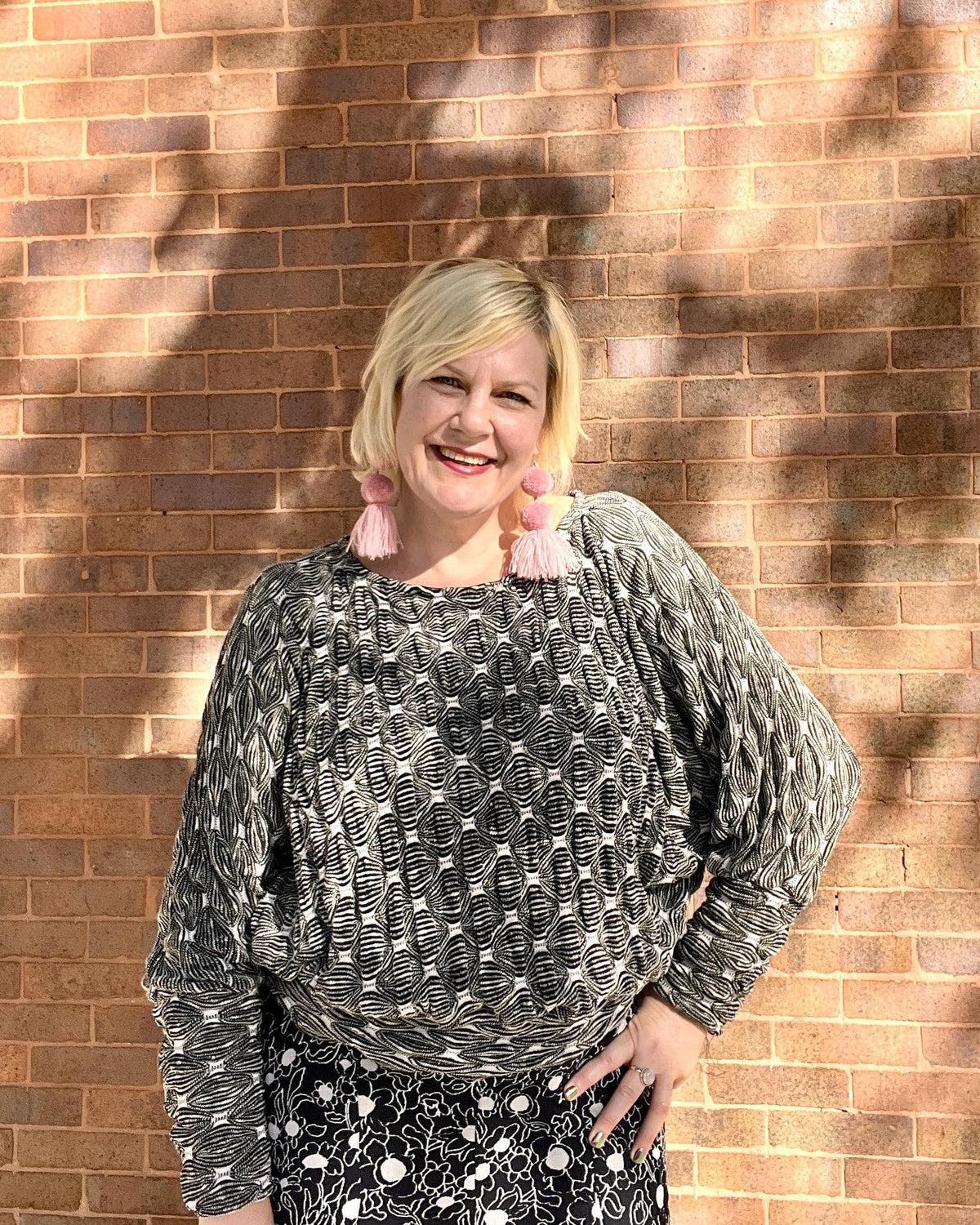Squasht Batwing Sweater in Textured Black and White Diamond Print Knit - Size Medium, XL