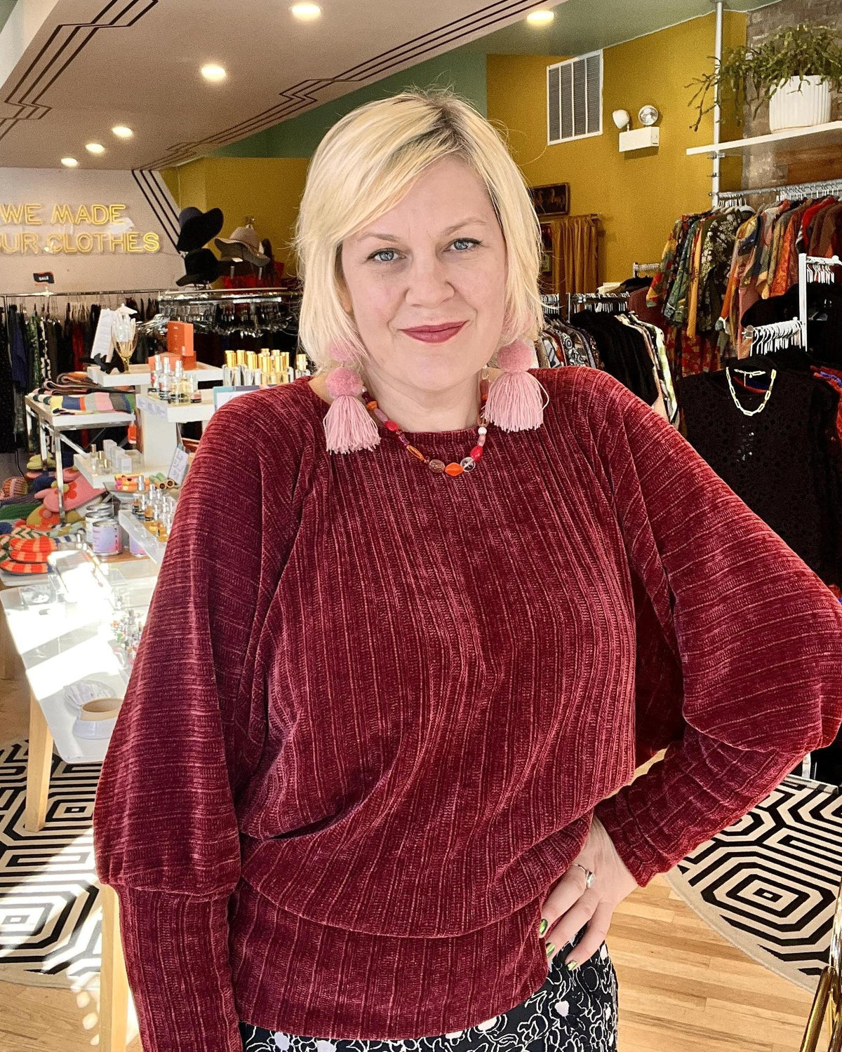 Squasht Batwing Sweater in Red Raspberry Plush Chenille Rib Knit