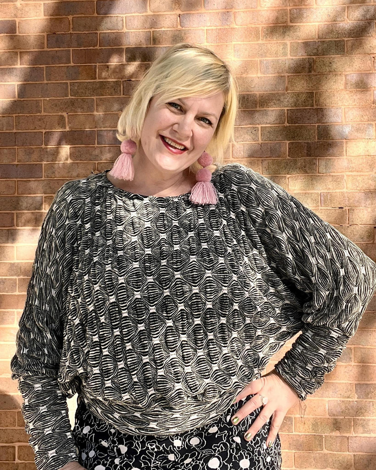 Squasht Batwing Sweater in Textured Black and White Diamond Print Knit - Size Medium, XL