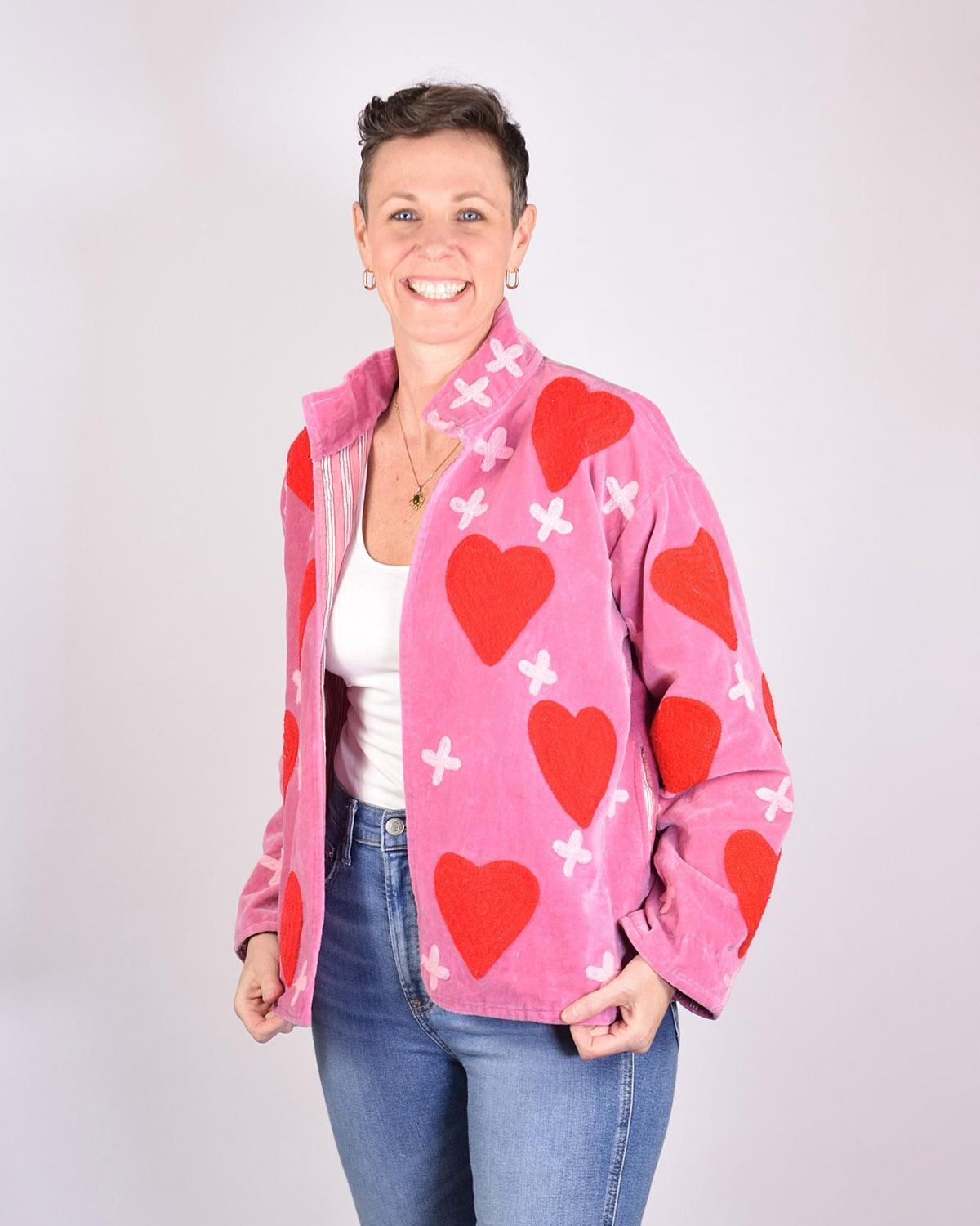 Txtile Blush Pink Velvet Jacket with Embroidered Red Hearts
