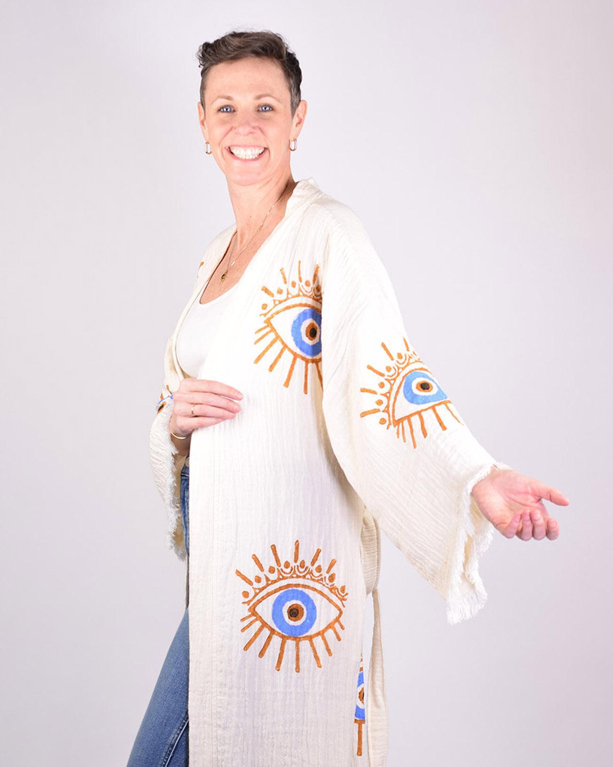 Txtile Luxury Turkish Cotton Evil Eye Kimono/Robe - Cream with Gold Eyes