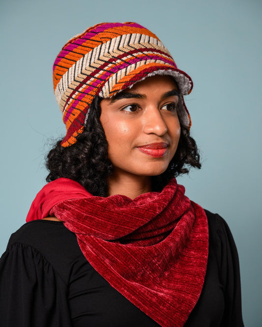 Squasht Darby Earflap Hat in Textured Burgundy & Orange & Fuchsia Stripes