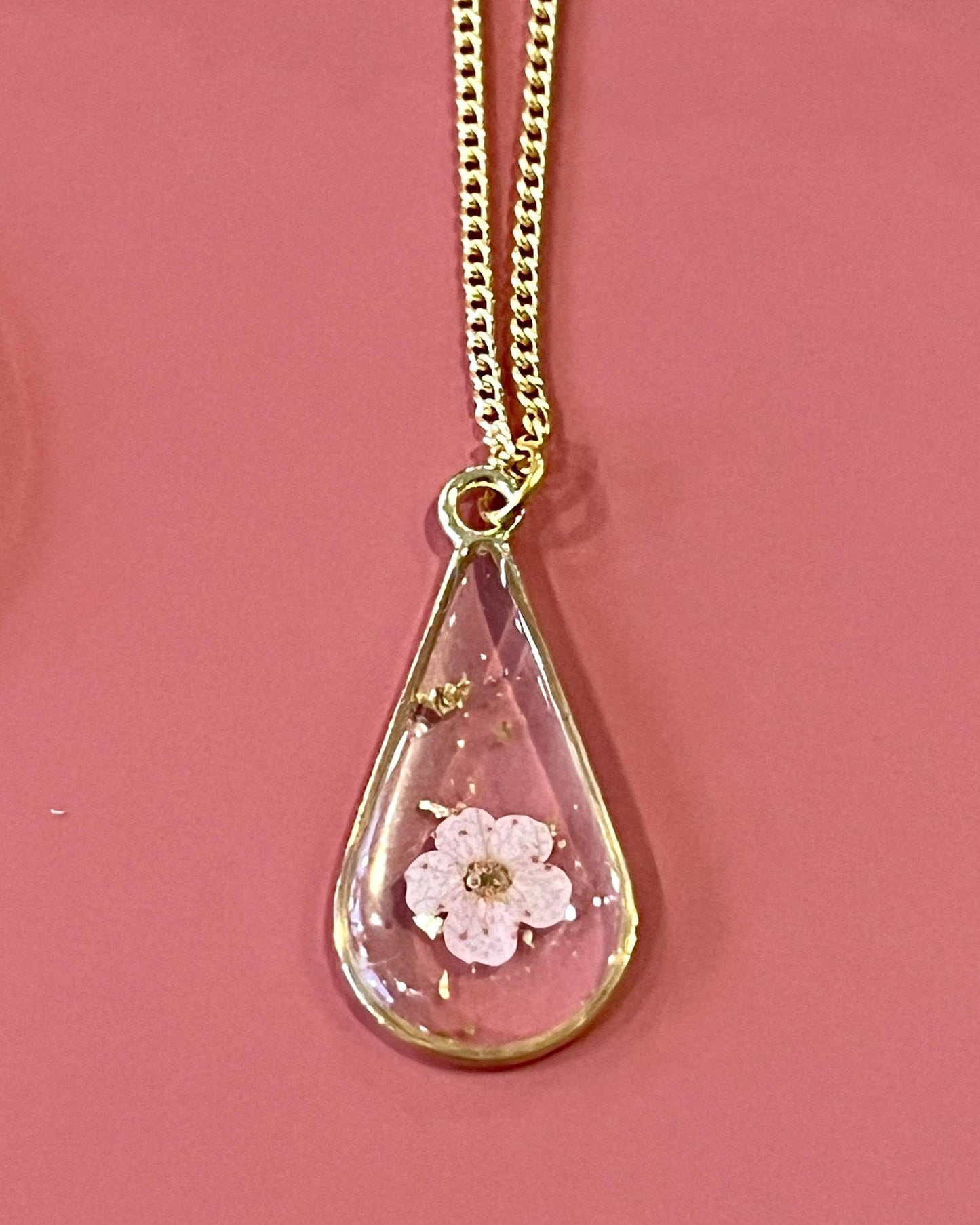 Pajaro Negro 18K Gold Fill Teardrop Pendant Necklace with Tiny Pink Flower