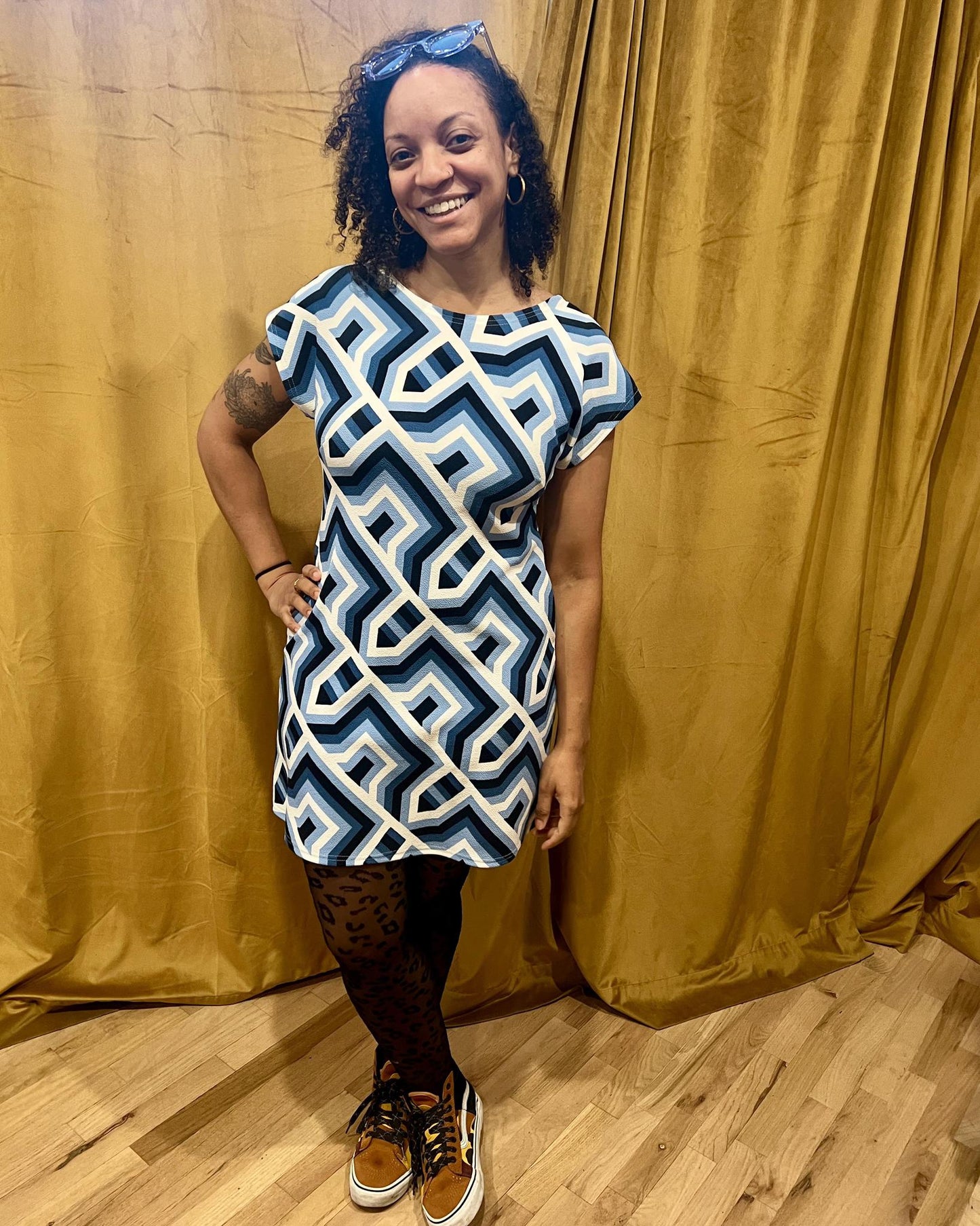 Fayru Faye Dress in Navy and White Geometric