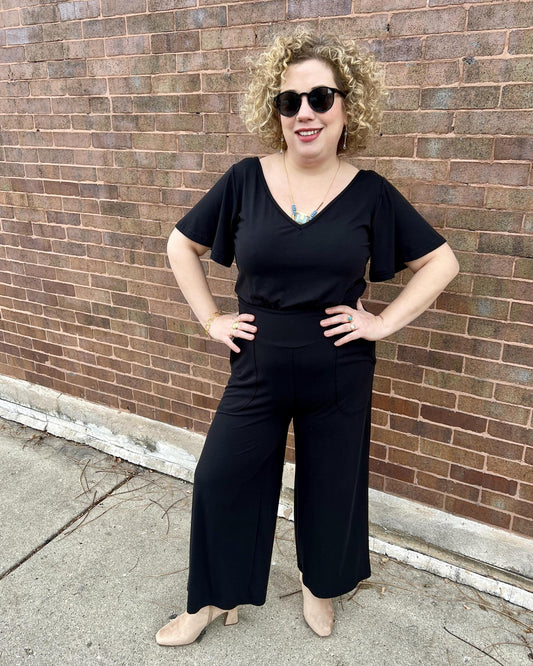 Squasht Jumpsuit with Bell Sleeves in Solid Black