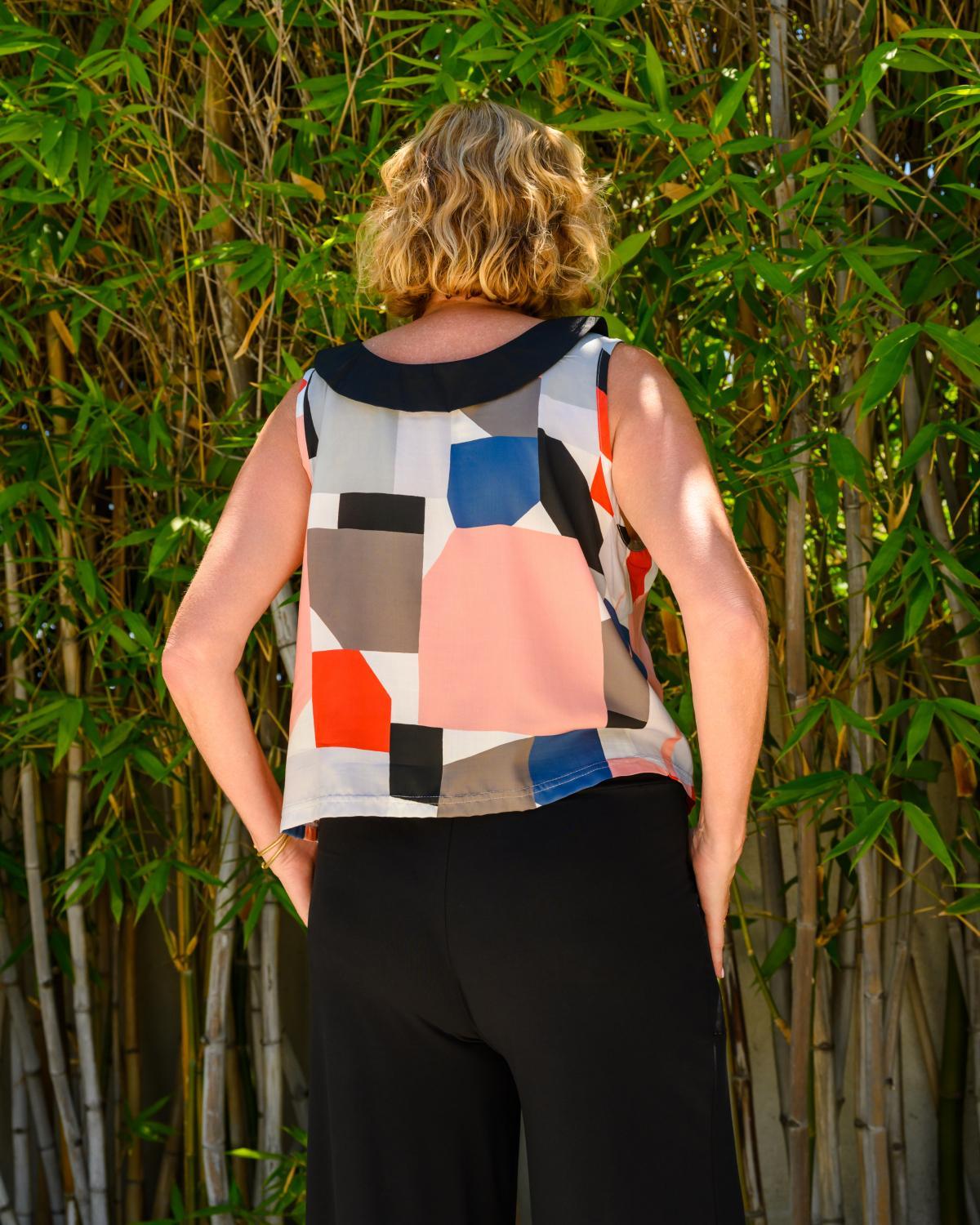 Squasht 70s Collared Tank in Abstract Art Print w/ Black Collar & Bow