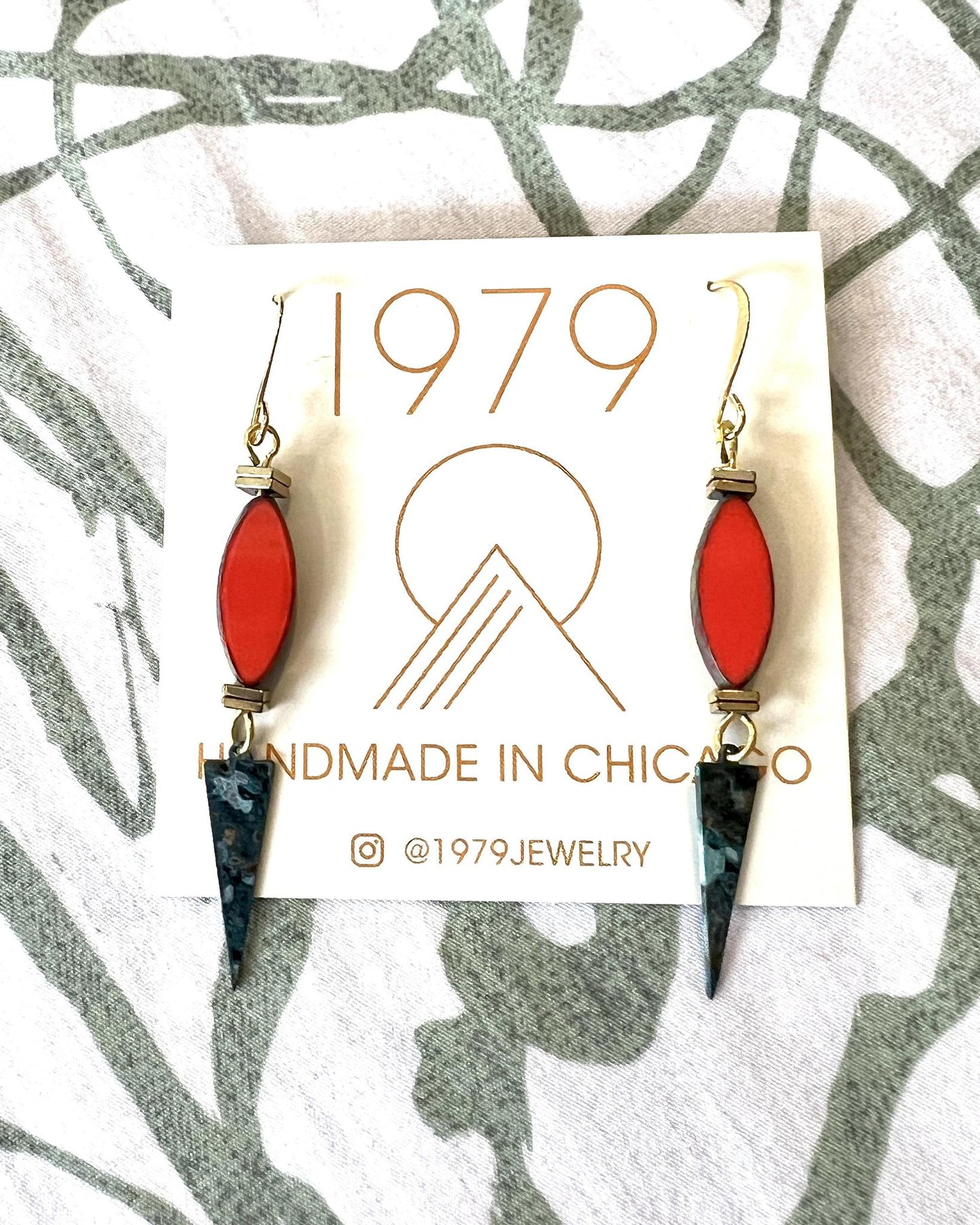 1979 Jewelry Brass Earrings Hot Red and Verdigris Spikes