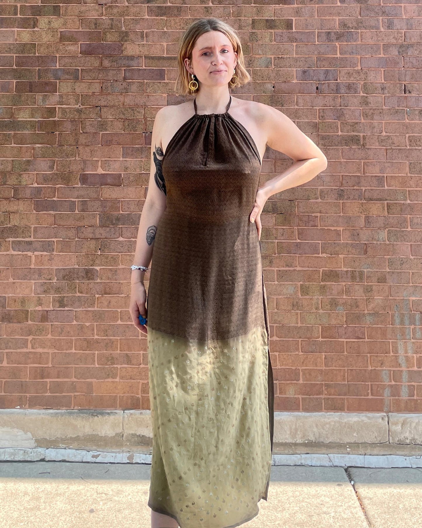 Indie Ella Eden Backless Silk Key Hole Maxi Dress in Mocha Latte