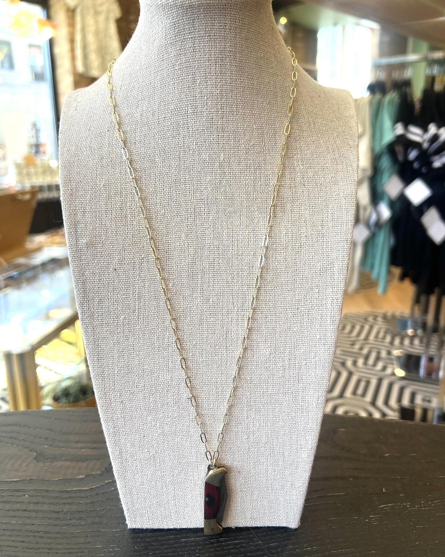 1979 Jewelry Knife Necklace 1.5-inch Wood - 14 kt GF Chain