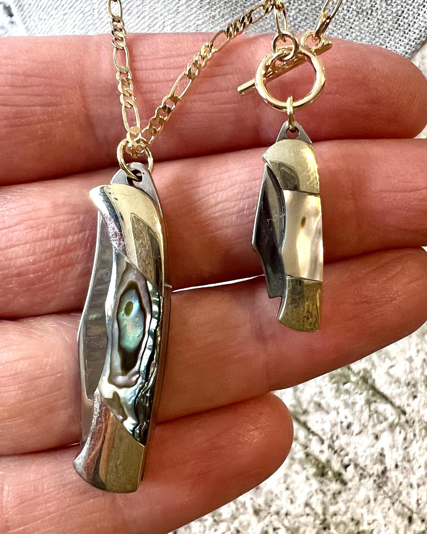 1979 Jewelry Knife Necklace 1.5 inch Multi Colored Abalone - 14kt GF chain