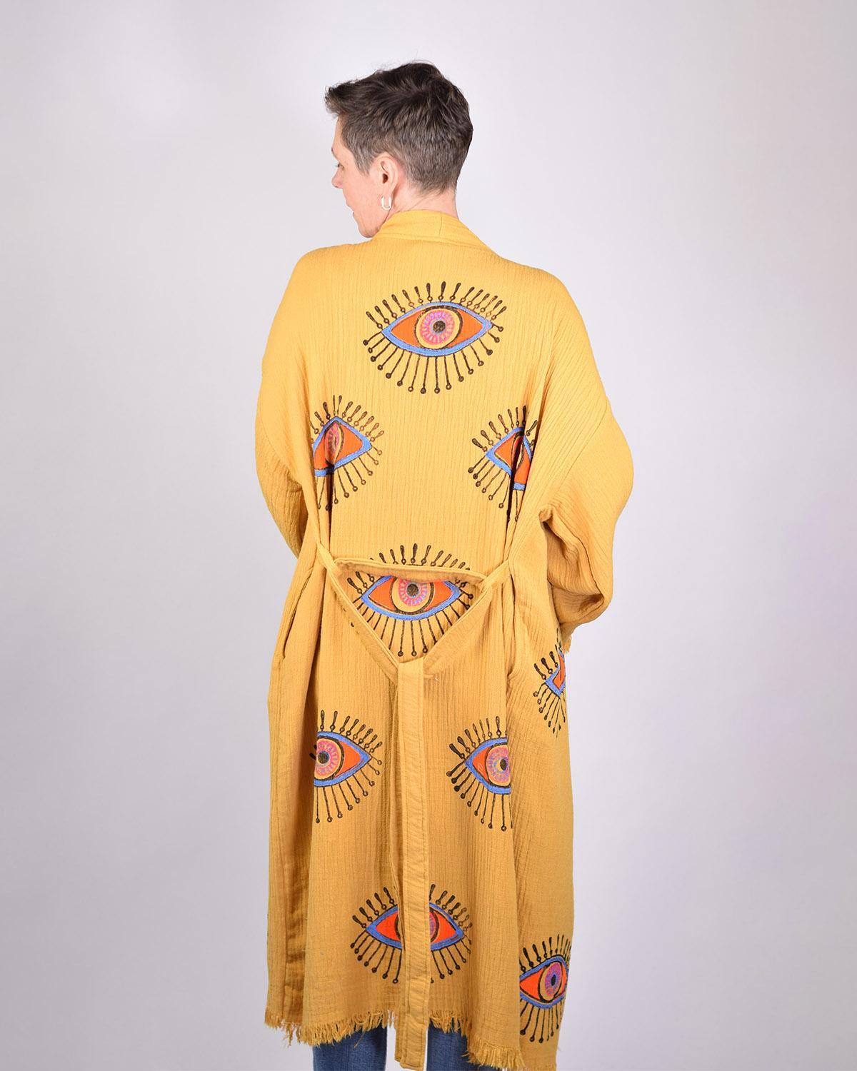 Txtile Luxury Turkish Cotton Evil Eye Kimono/Robe - Yellow Ochre