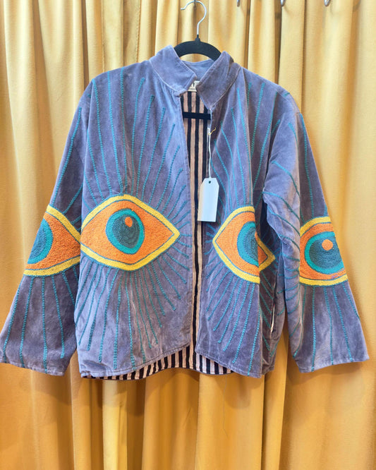 Txtile Velvet Evil Eye Jacket in Dark Gray with Orange Eyes