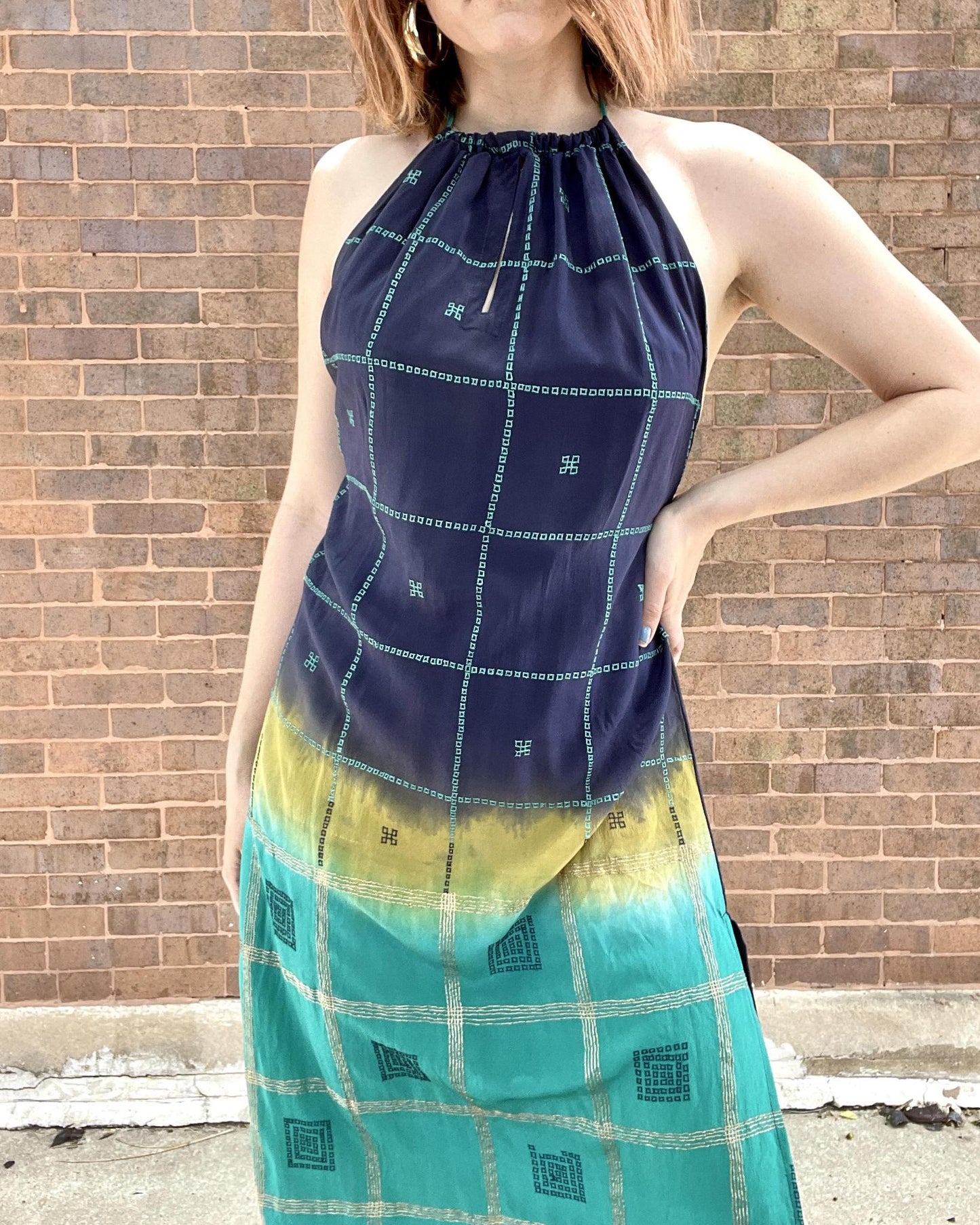 Indie Ella Eden Backless Silk Key Hole Maxi Dress in Navy and Turquoise Square Print