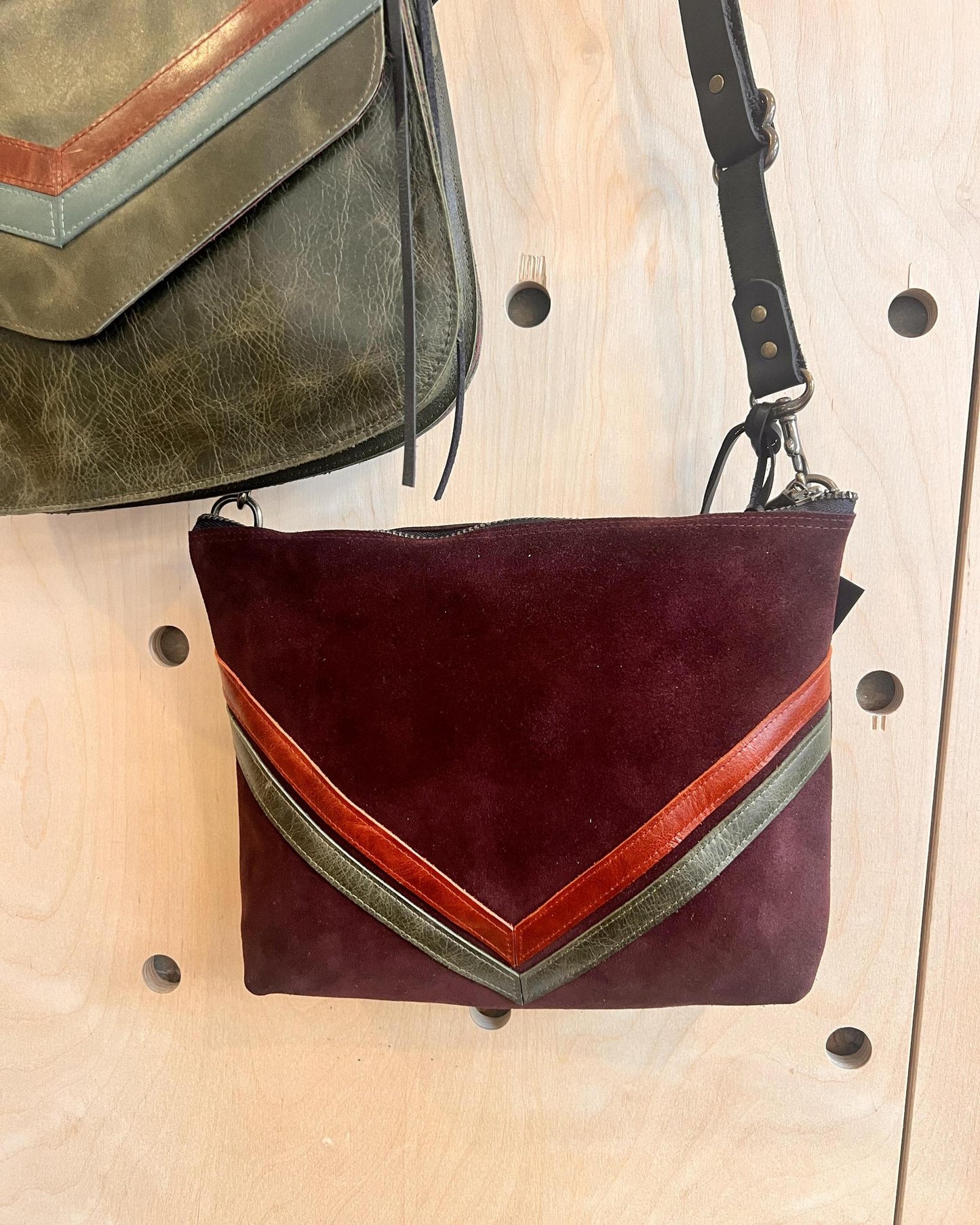 Vallente Leather Chevron Handbag - Plum Suede with Rust and Olive Chevron Details