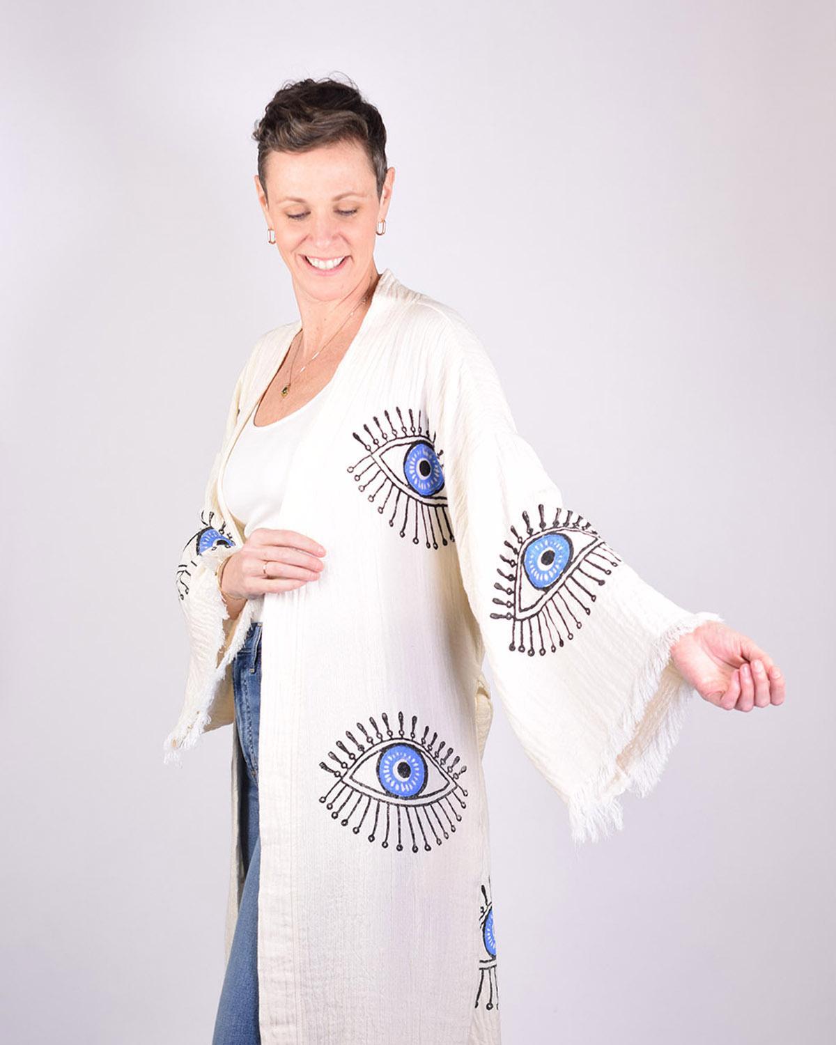 Txtile Luxury Turkish Cotton Evil Eye Kimono/Robe - Cream with Blue Eyes