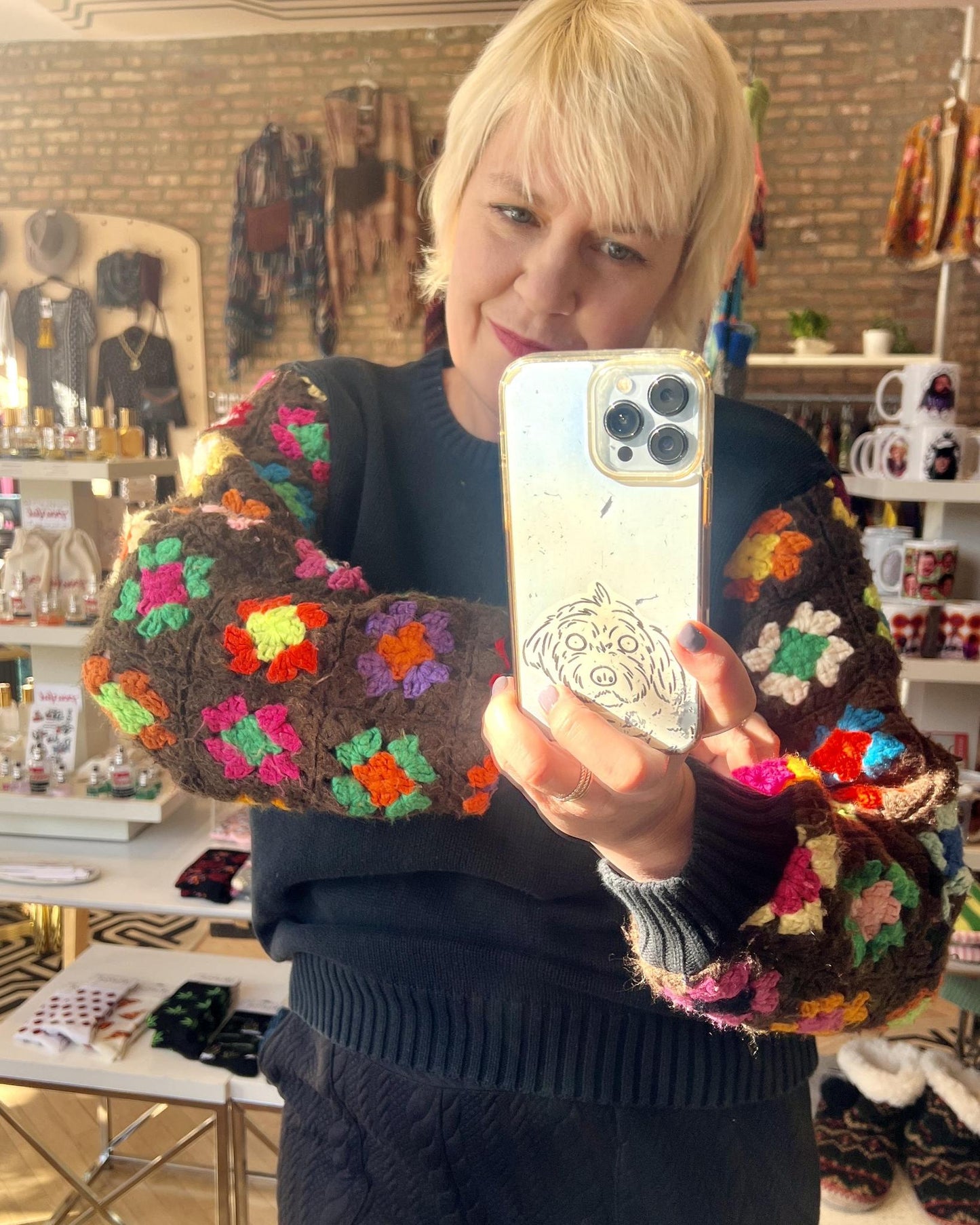 American Recycled Clothing - Crocheted Sleeve Knit Sweater - Black with Multi Color Granny Square Sleeves