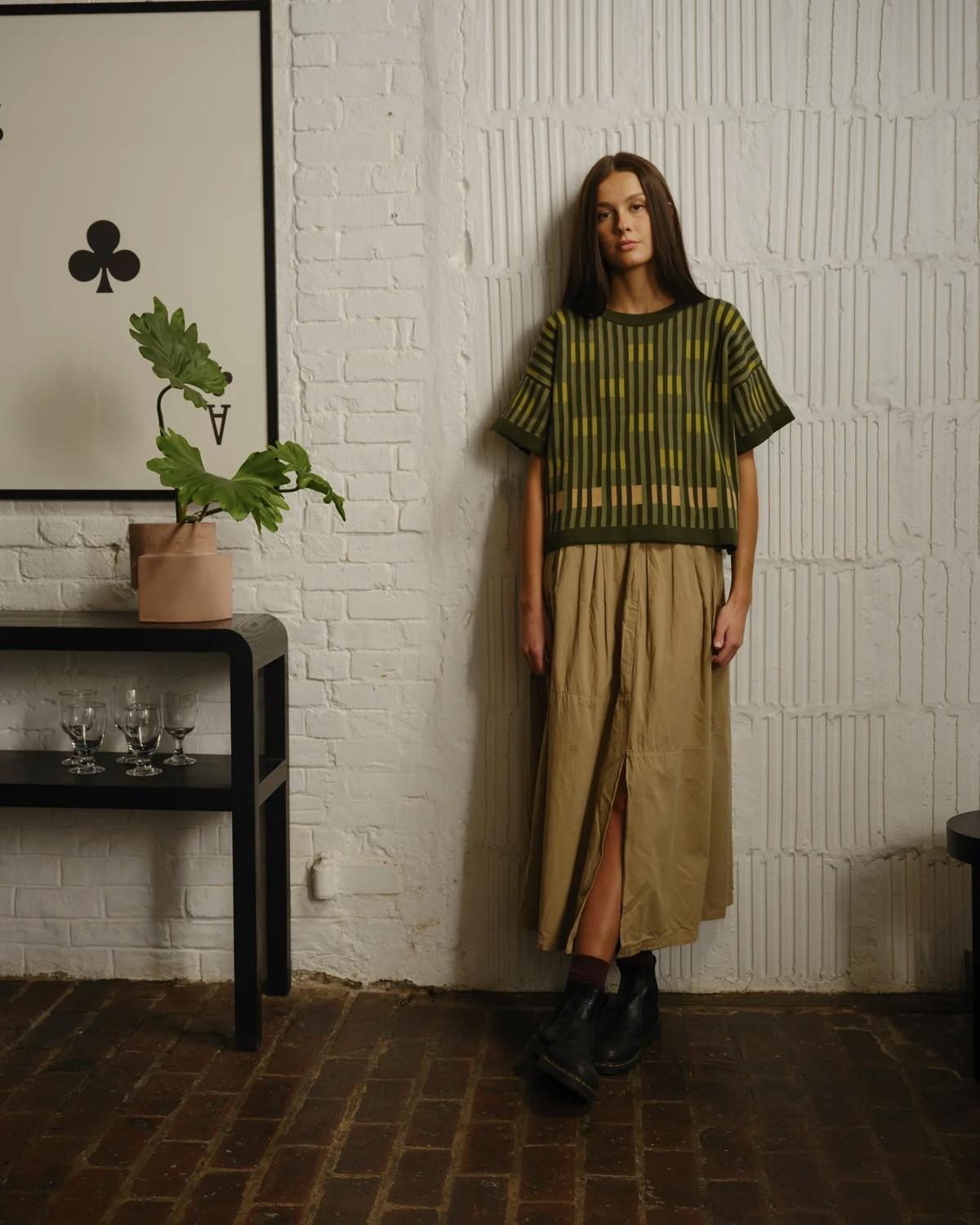 The Endery Bauhaus Short Sleeve Sweater Tee in Prasiolite (Sage/Olive Green)