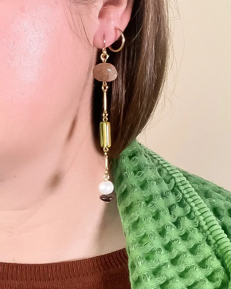 Composition Earrings- Sunstone, Pearl, Mahogany Obsidian, Glass