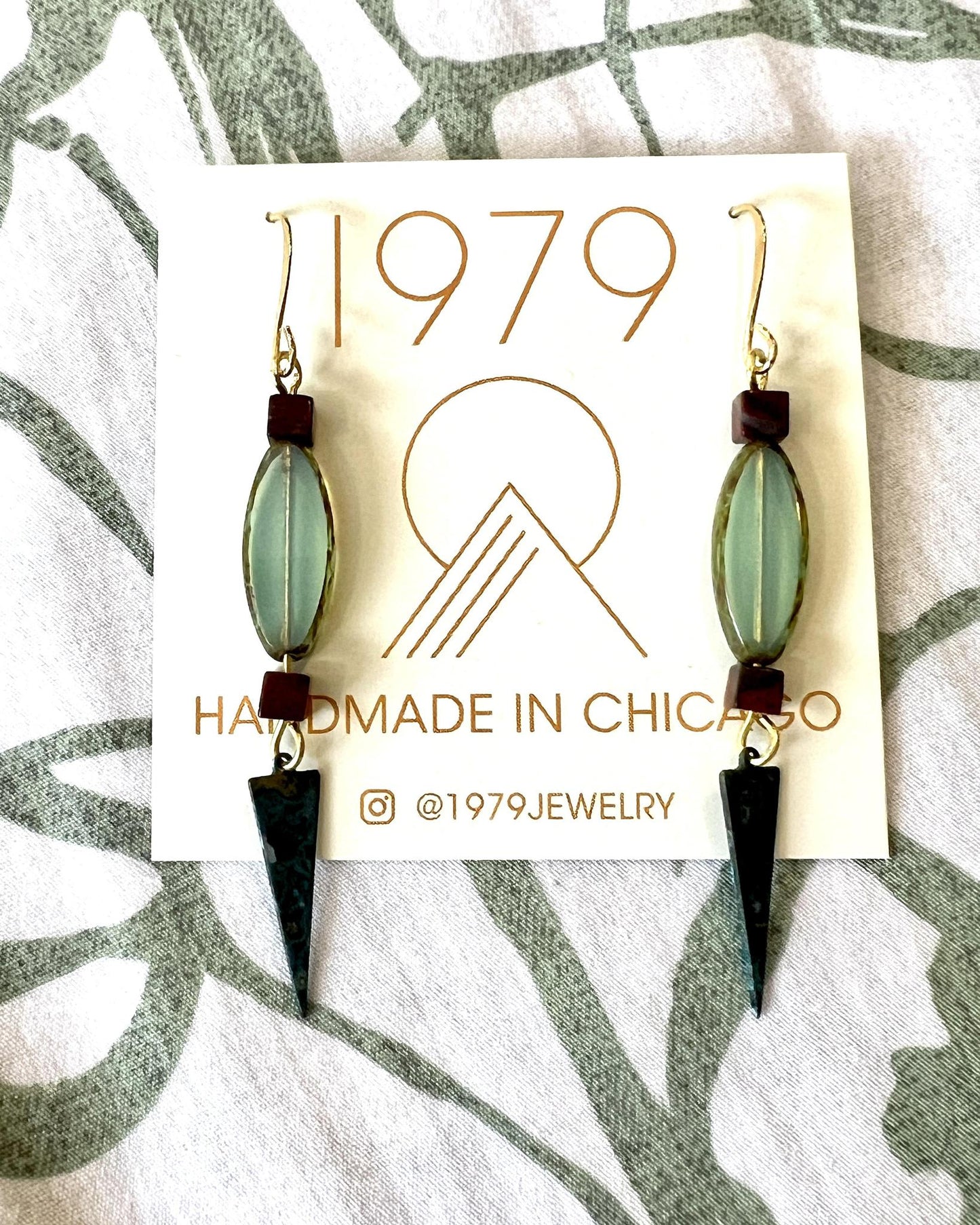 1979 Jewelry Brass Earrings Sea Glass Ovals with Verdigris Spikes
