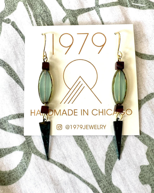 1979 Jewelry Brass Earrings Sea Glass Ovals with Verdigris Spikes