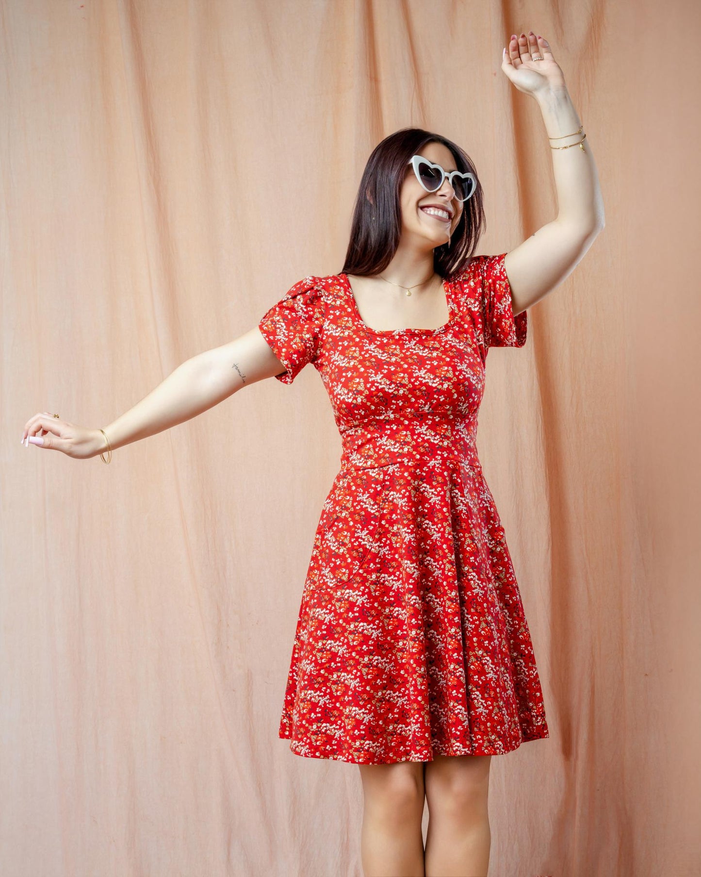 Squasht Petal Sleeve Dress in Scarlet Red Ditsy Floral Print