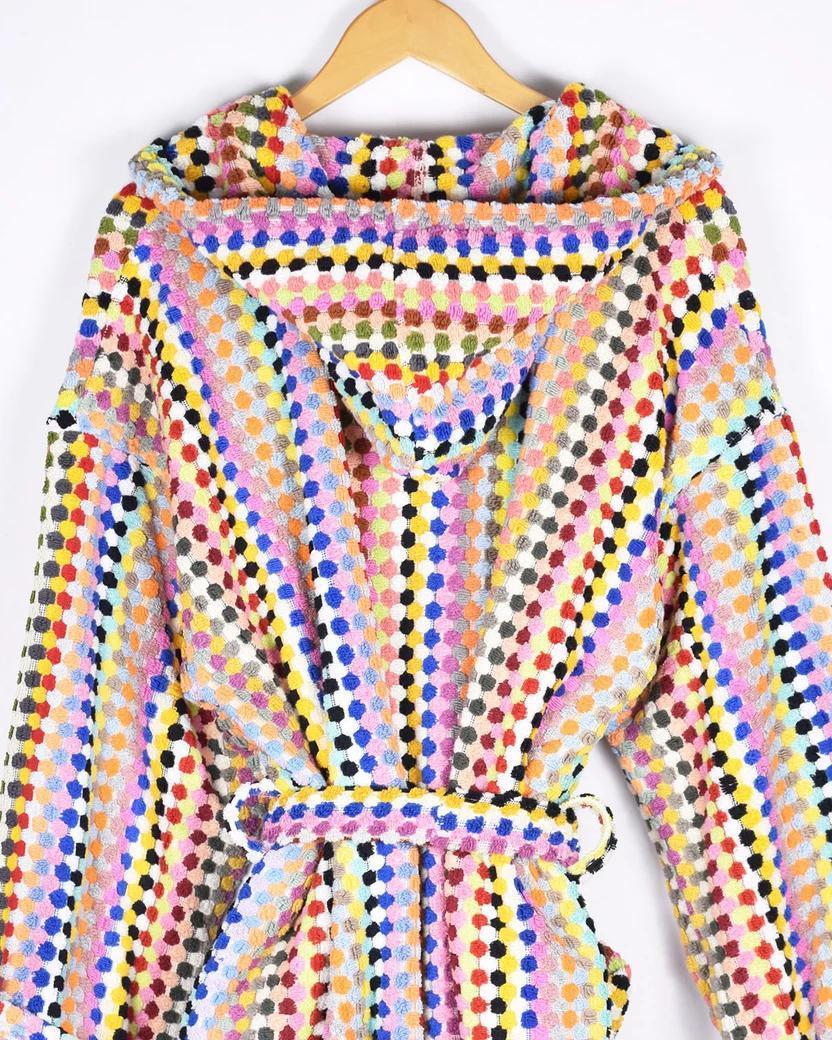 Txtile Turkish Cotton Plush Hooded Terry Cloth Robe - Rainbow Checkers