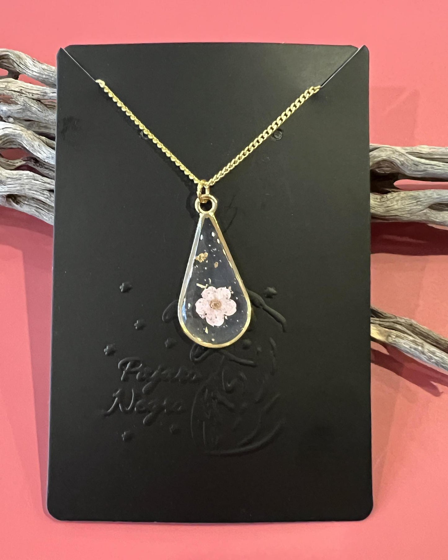 Pajaro Negro 18K Gold Fill Teardrop Pendant Necklace with Tiny Pink Flower
