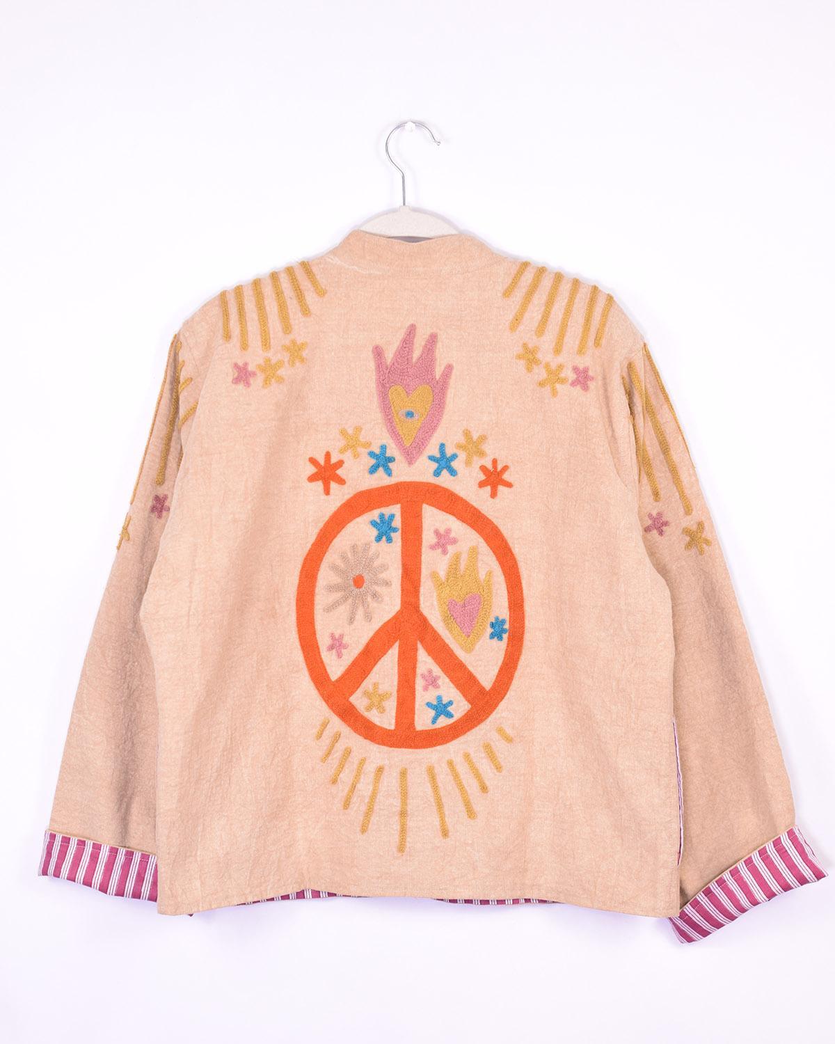 Txtile Dusty Taupe Lightweight Peace and Love Motif Canvas Embroidered Jacket