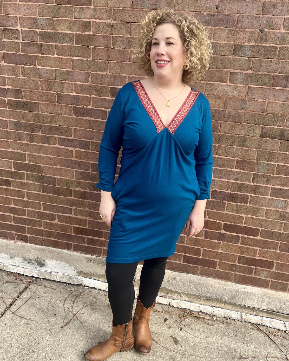 Squasht Drea Draped Dress in Teal with Berry & Pink Vintage Trim