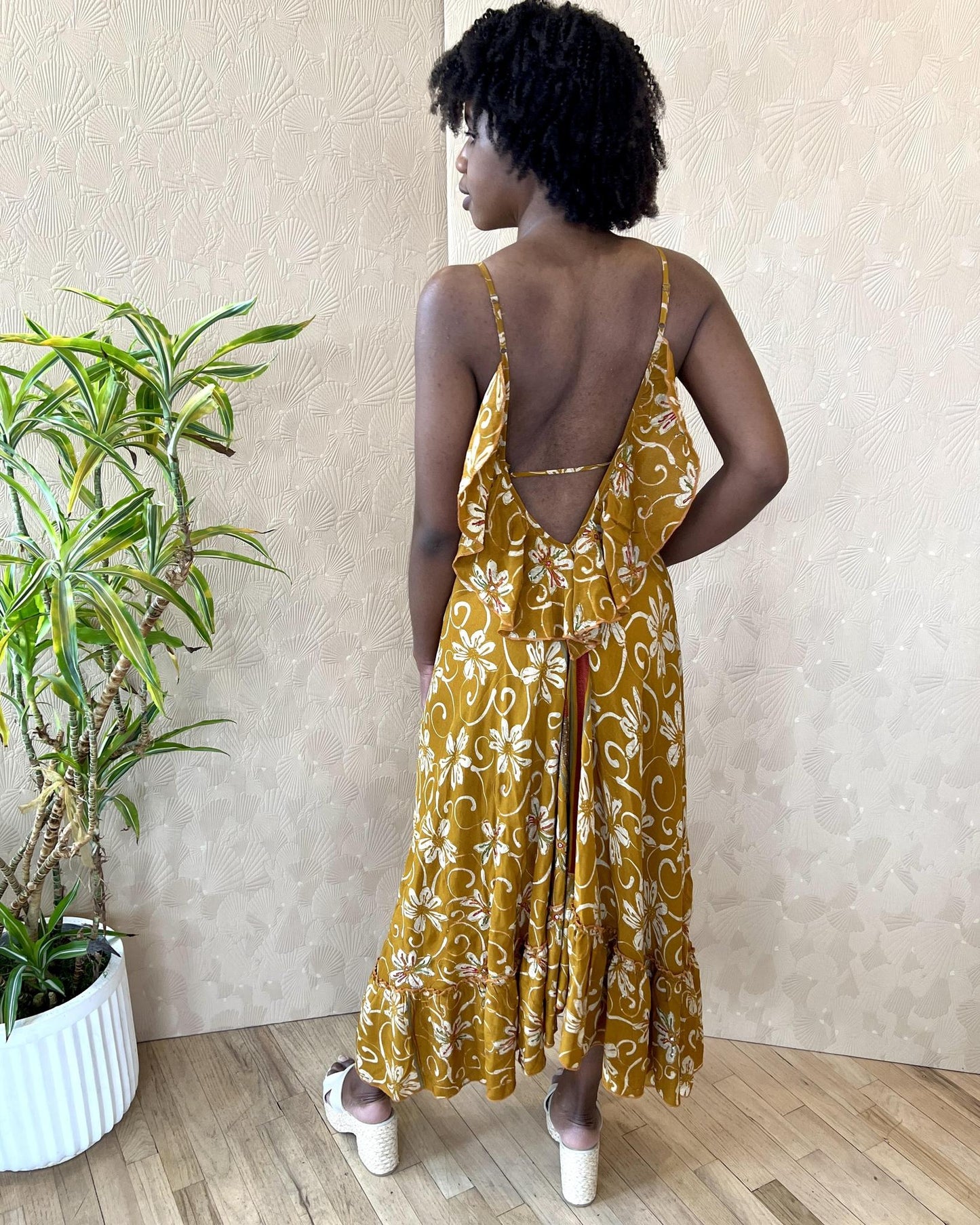Indie Ella Harlow Strappy Silk Dress in Warm Ochre Floral