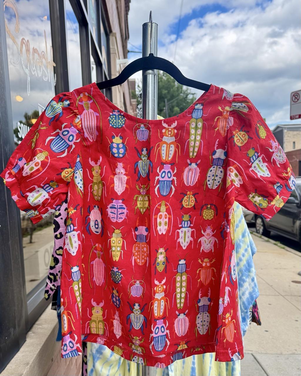 Squasht Puff Sleeve Top in Red Bugs