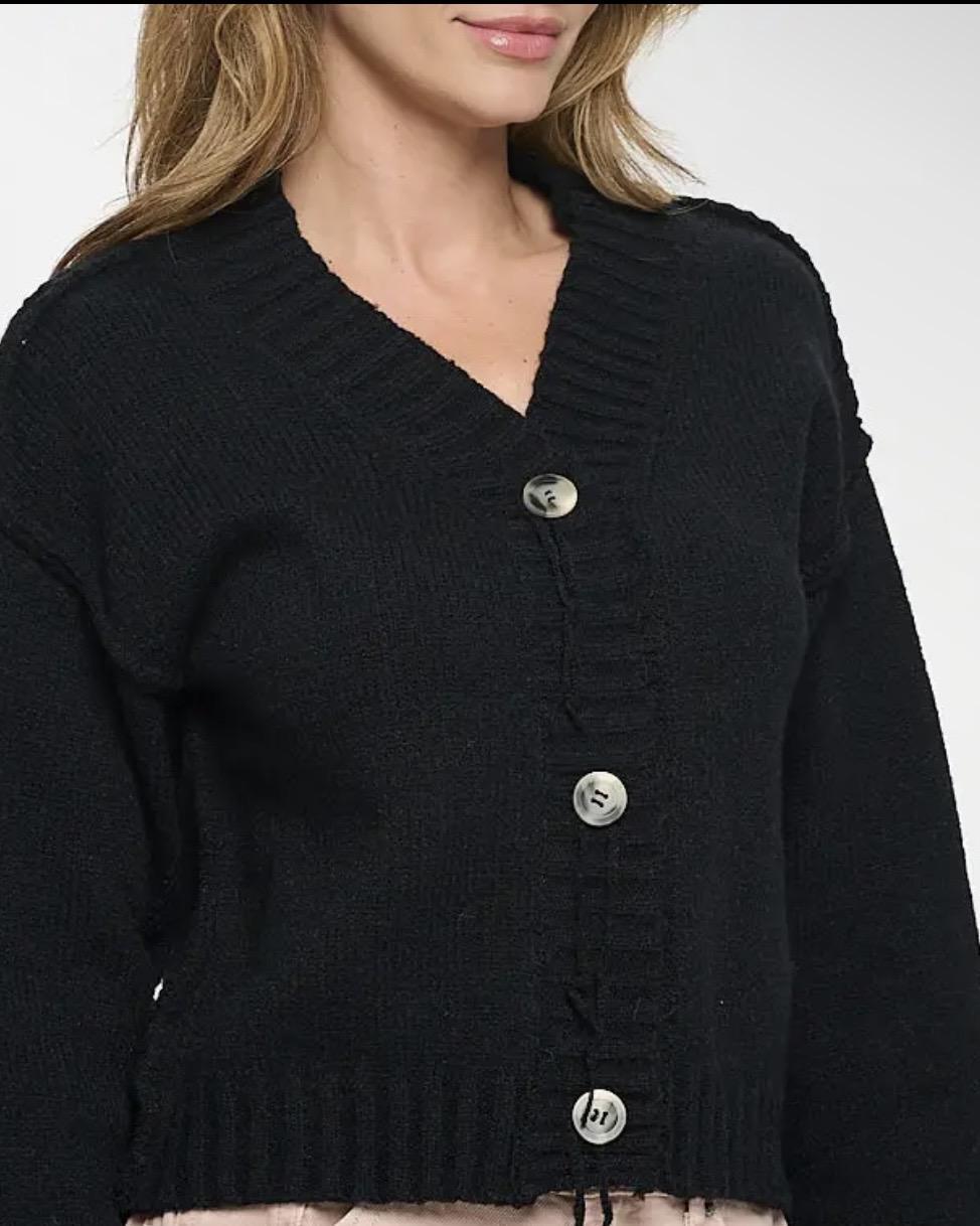 Renee C. Thick Knit Long Sleeve Cardigan with Buttons in Black