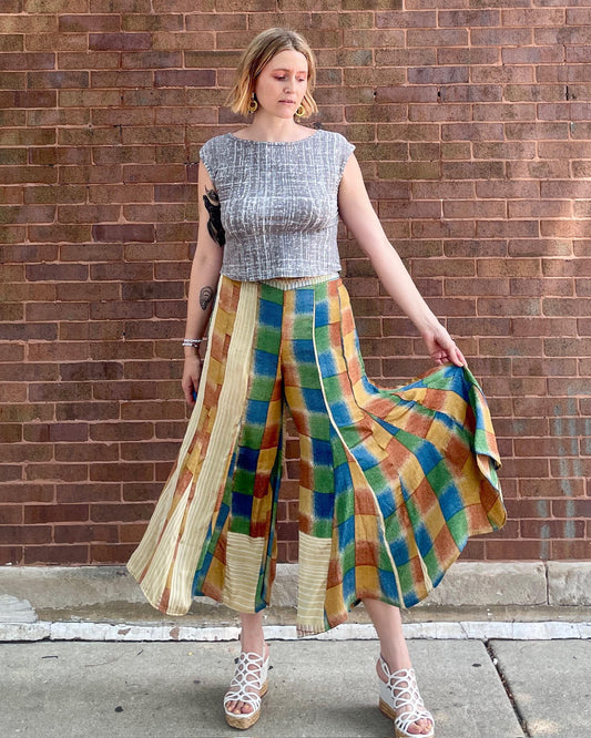 Indie Ella Marlee Bohemian Silk Flared Pants In Sand Color Blocks Small/Medium
