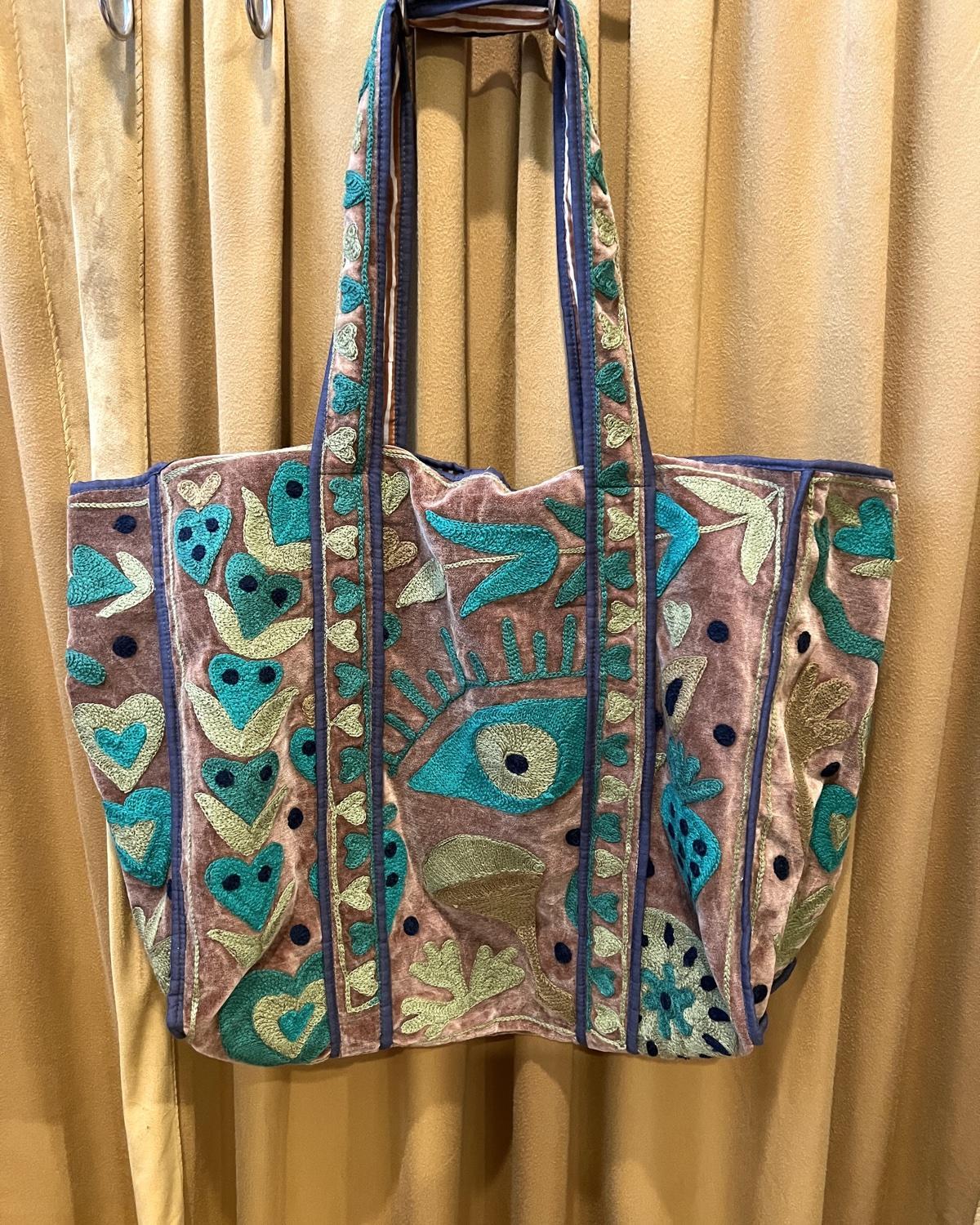 Txtile Velvet Suzani Tote Bag in Brown and Green Evil Eye