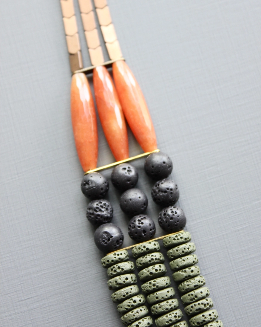 David Aubrey Triple Strand Necklace in Moss, Jet & Carnelian