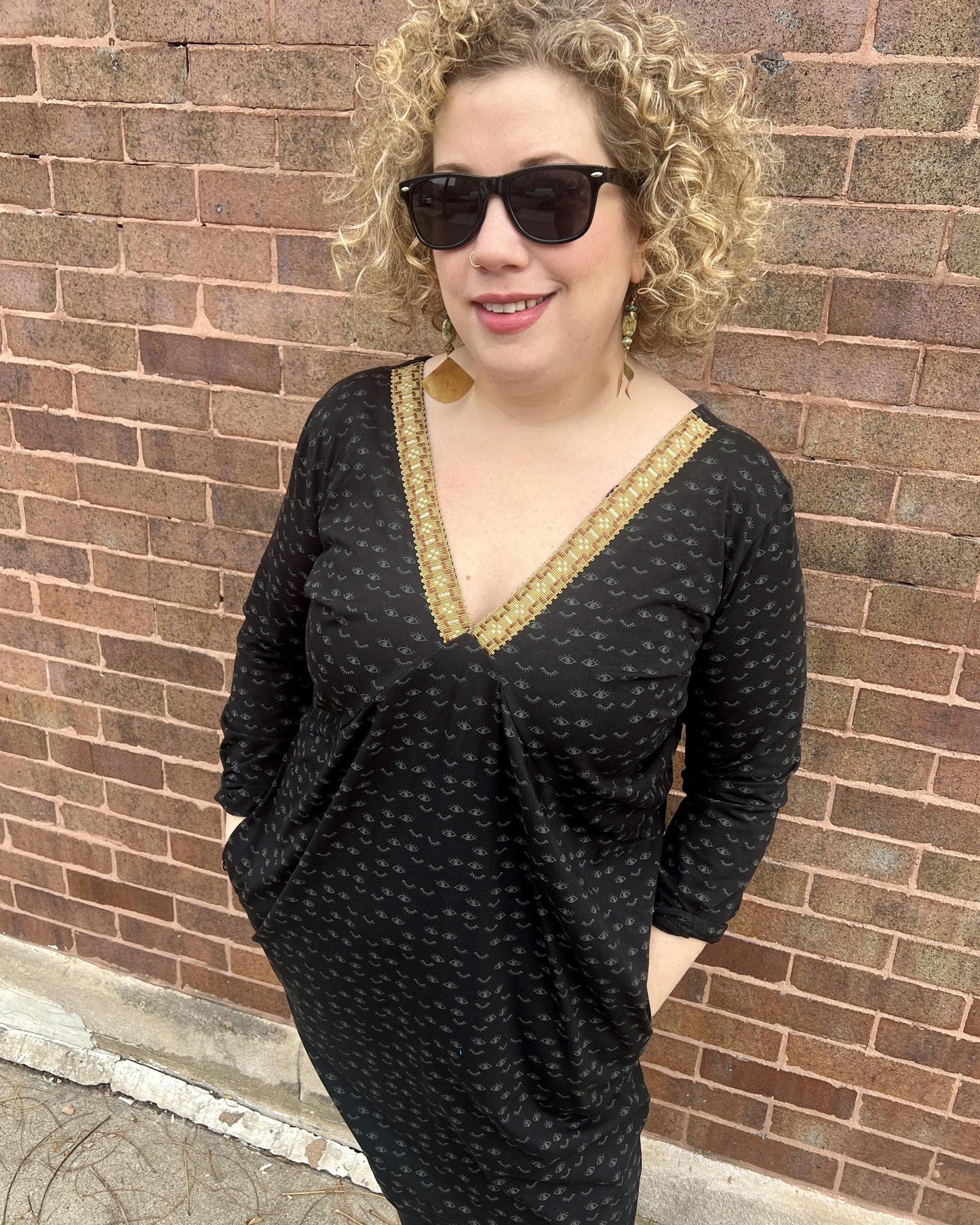 Squasht Drea Draped Dress in Dreamy Eyes Print with Avocado Vintage Trim