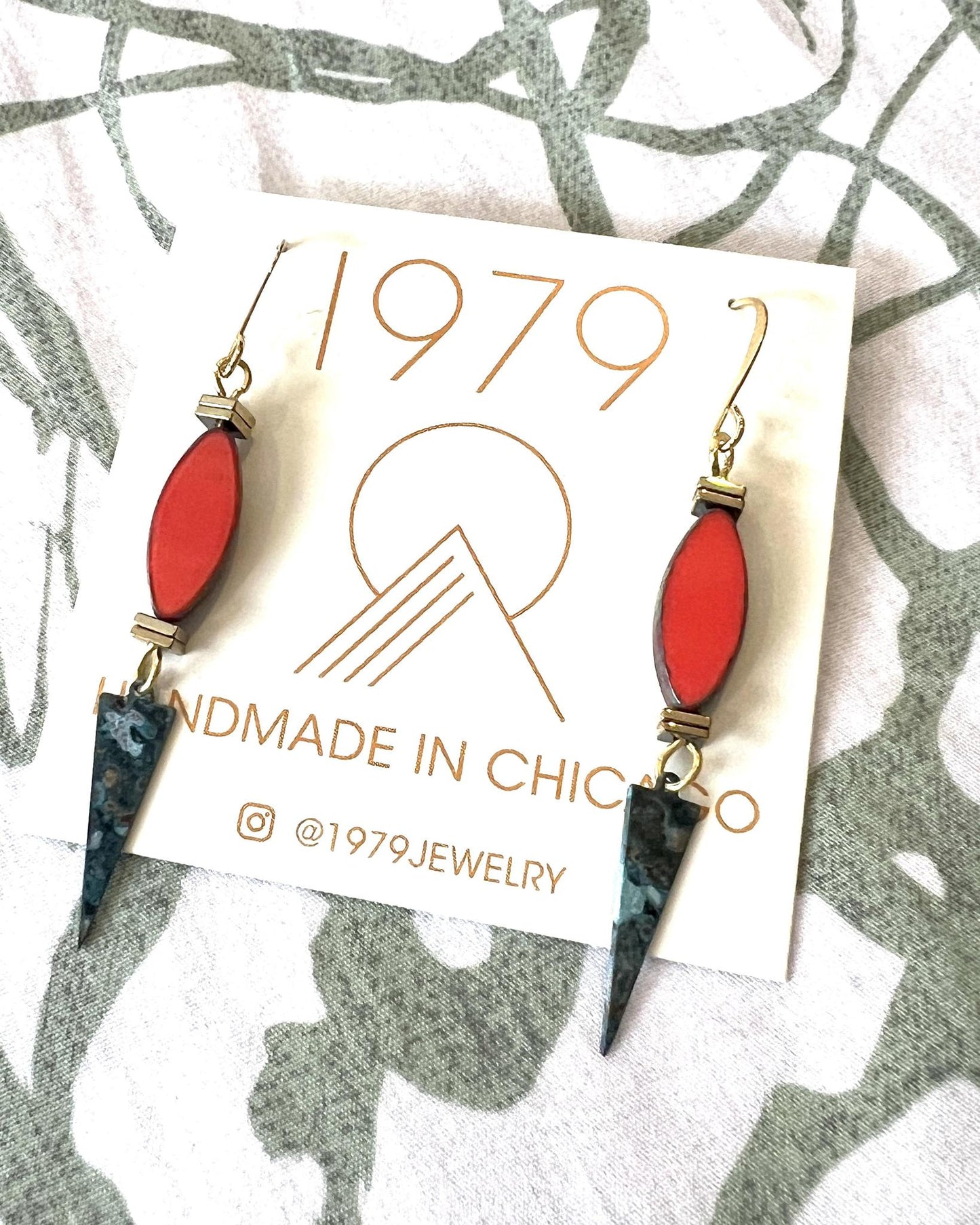 1979 Jewelry Brass Earrings Hot Red and Verdigris Spikes