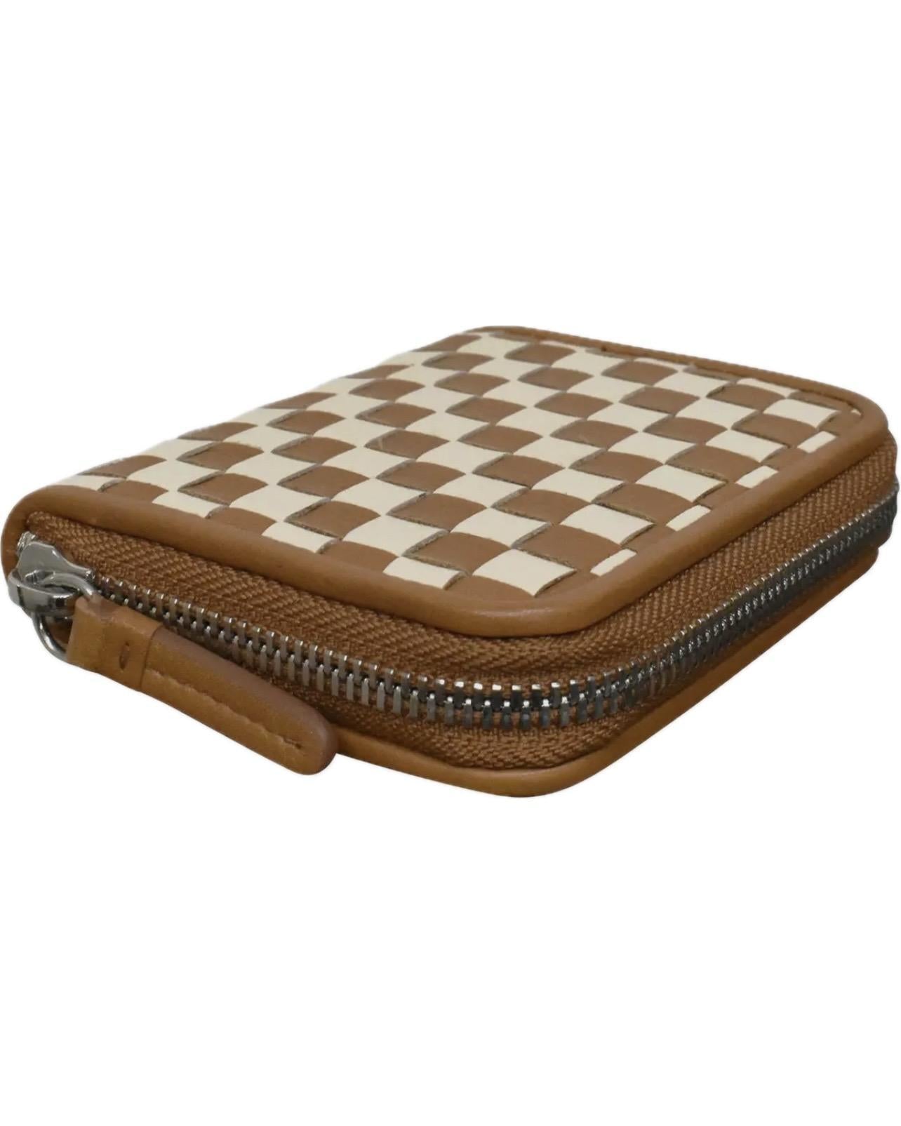 ili Leather Checkerboard Zip Around Wallet in Antique Saddle/Stone