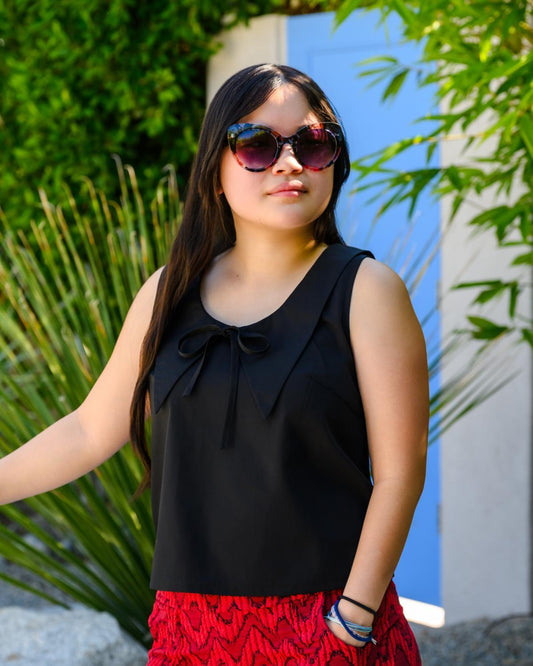 Squasht 70s Collared Tank in Solid Black with Collar & Bow