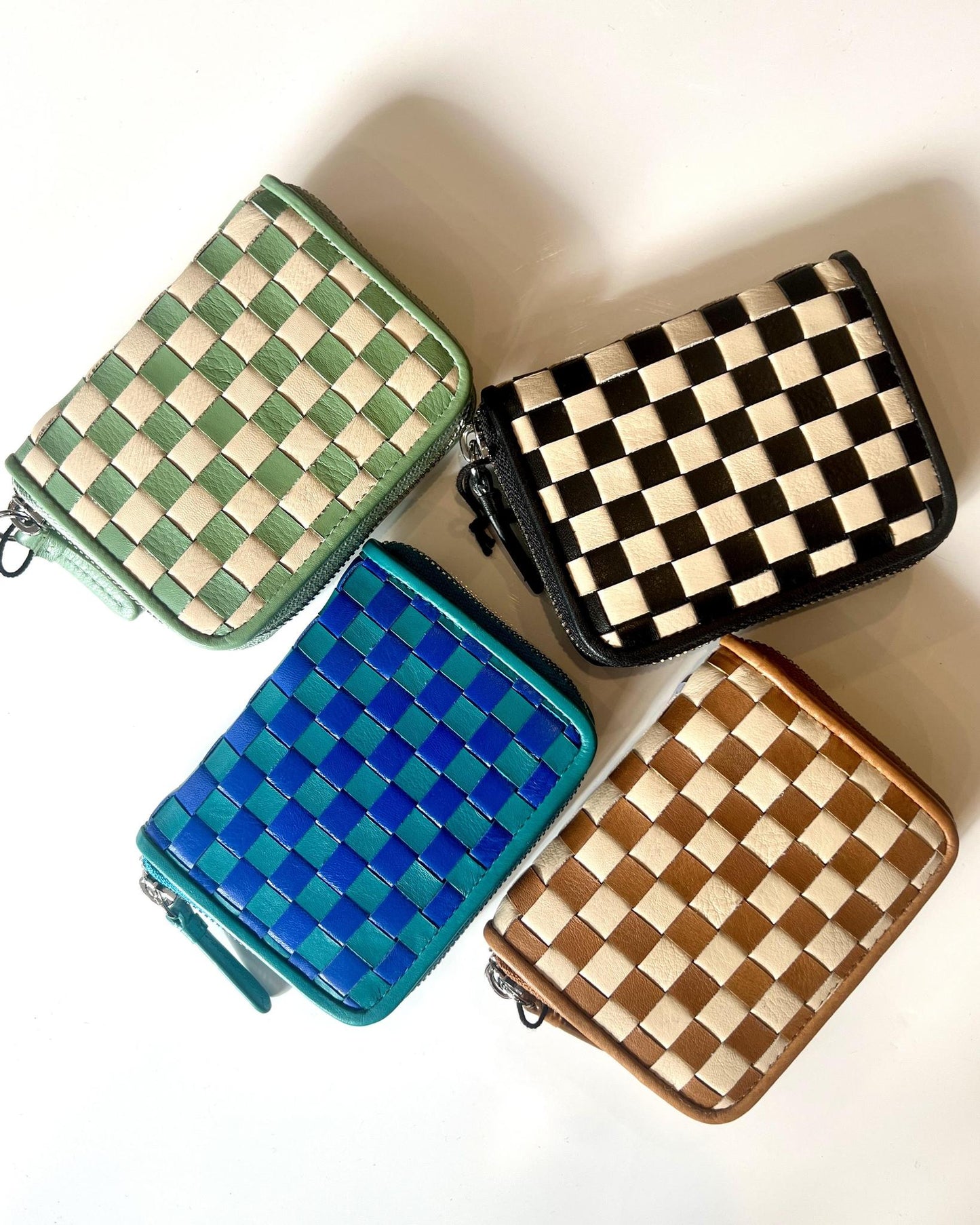 ili Leather Checkerboard Zip Around Wallet in Antique Saddle/Stone