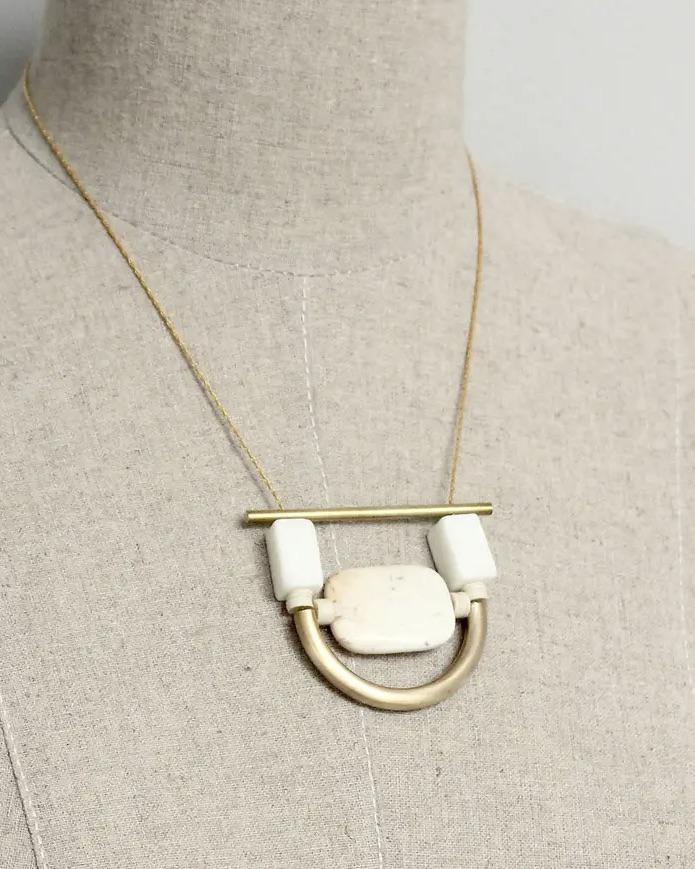 David Aubrey White Stone and Brass Geometric Necklace