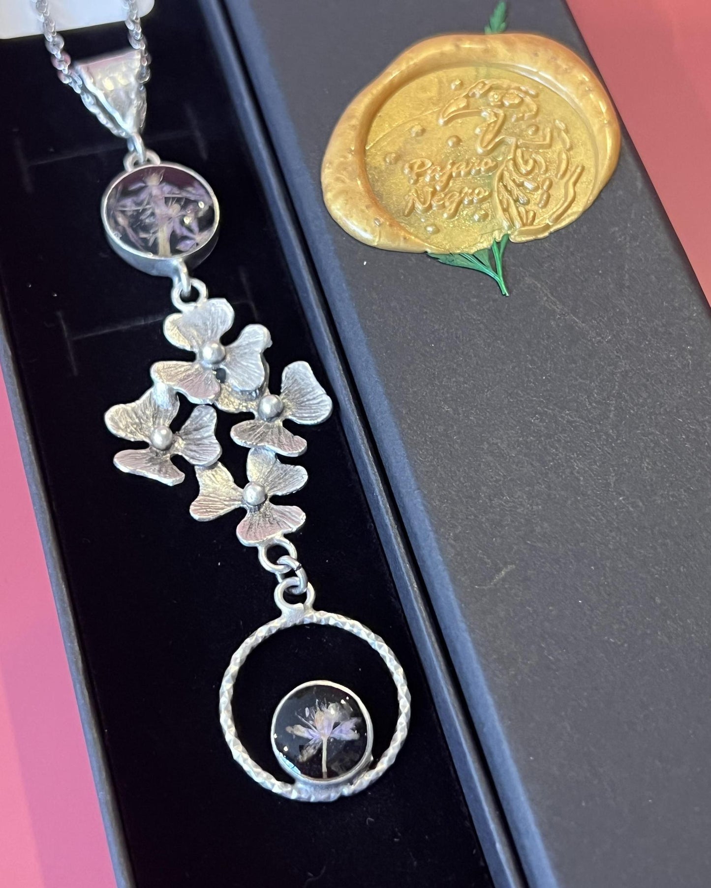 Pajaro Negro Floral Botanical Necklace in a Wax Sealed Box